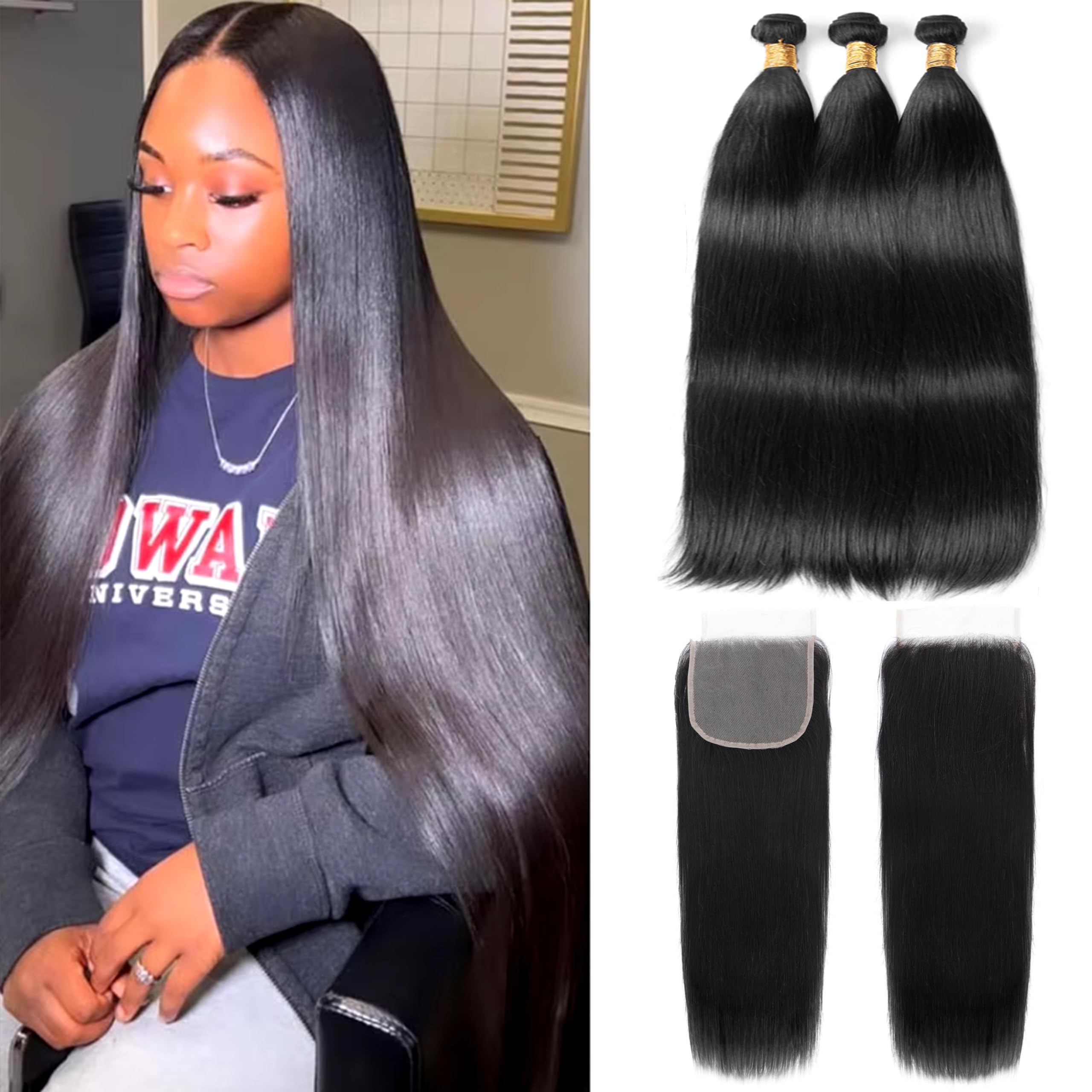 MIRONICA Straight Human Hair Bundles with Closure 22 24 26 + 20 Brazilian 3 Bundles Deals Human Hair with 4x4 Lace Closure Free Part 12A 100%