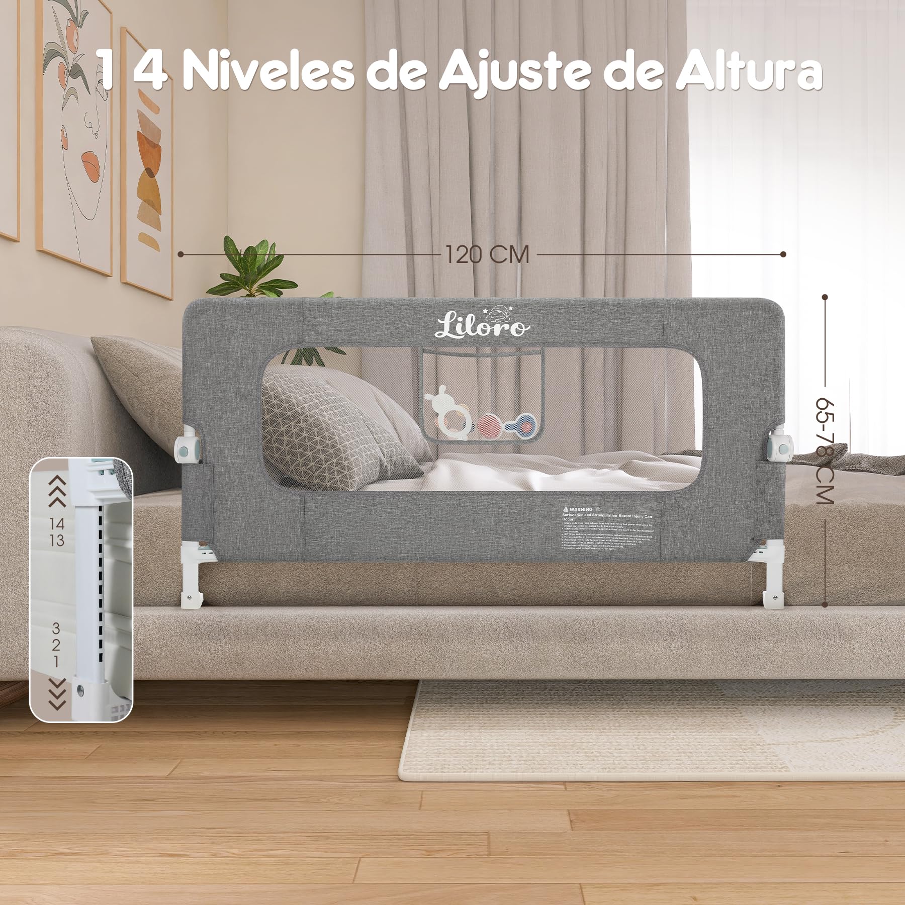 Barandilla de Cama Infantil 120 cm sin Taladro Barandilla de Seguridad Plegable para Bebé con Marco Reforzado y Diseño Anticolisión para Cama Individual Doble King Size Gris