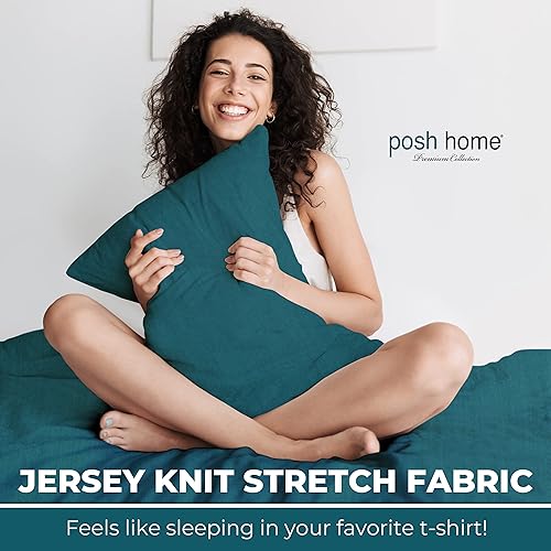 Miniatura 2 de Posh Home Juego de sábanas de punto de jersey, sábanas de 4 piezas, sábanas de jersey de algodón transpirable y suave, incluye sábana encimera,