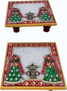 Marble Puja Chowki Pair Kalash Panihari Hand Painted Design with Kundan Work Ethnic Chaurang Platform for Pooja Items Decorative Chowki for Temple, Mandir & Festival Use
