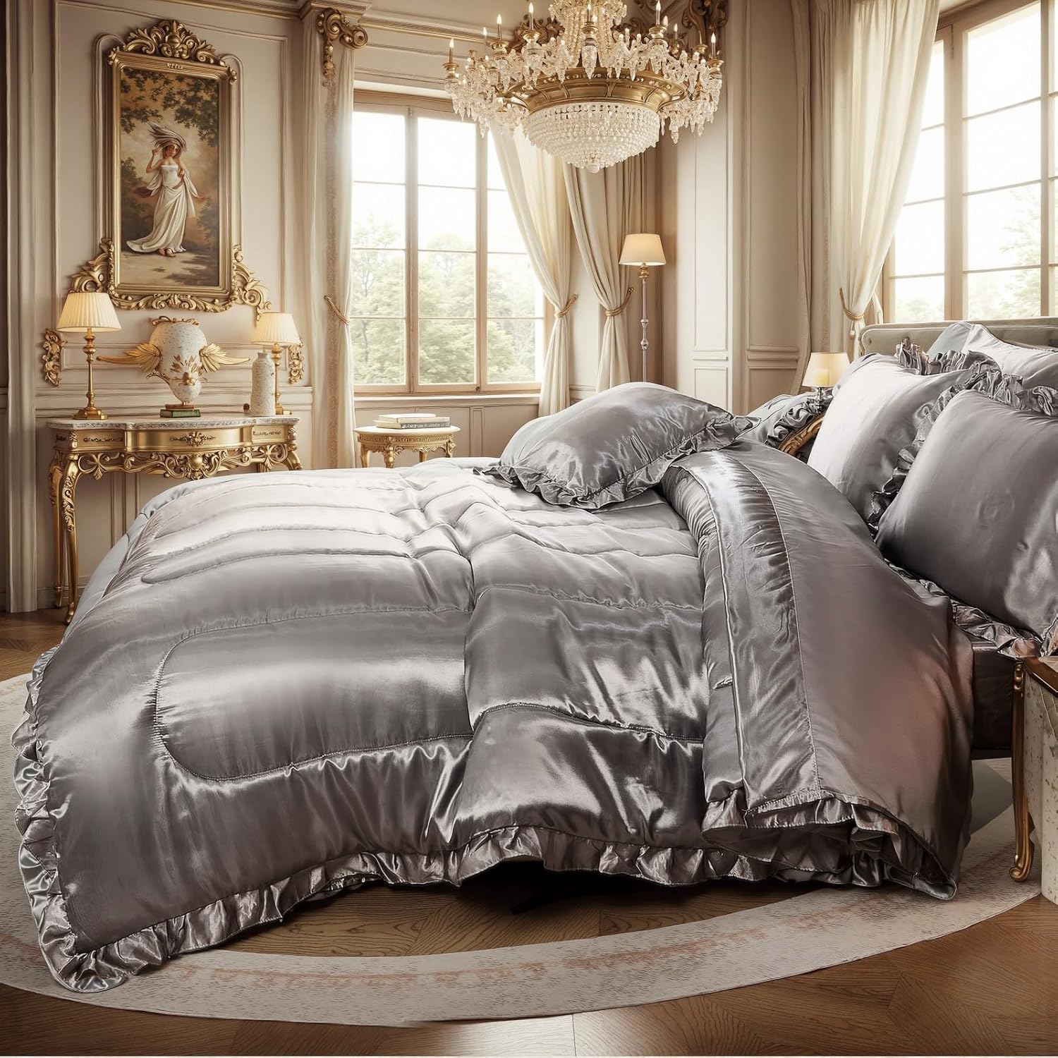 Satin Comforter Set with Sheet Set Queen 8 Pieces Silk Like Grey Bedding Silky Ruffle Pattern Luxury Silky Comforter Set with 1 Cushion Cover