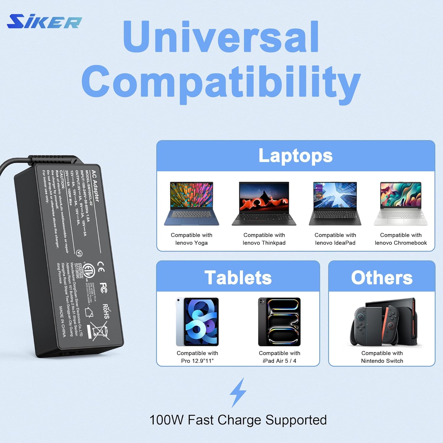 SiKER 100W USB C Charger, Universal USB-C Power Adapter, PD 3.0 Fast Laptop Charger Compatible with MacBook Pro/Air, Lenovo, Dell, HP, ASUS, iPad Pro, Android Phones