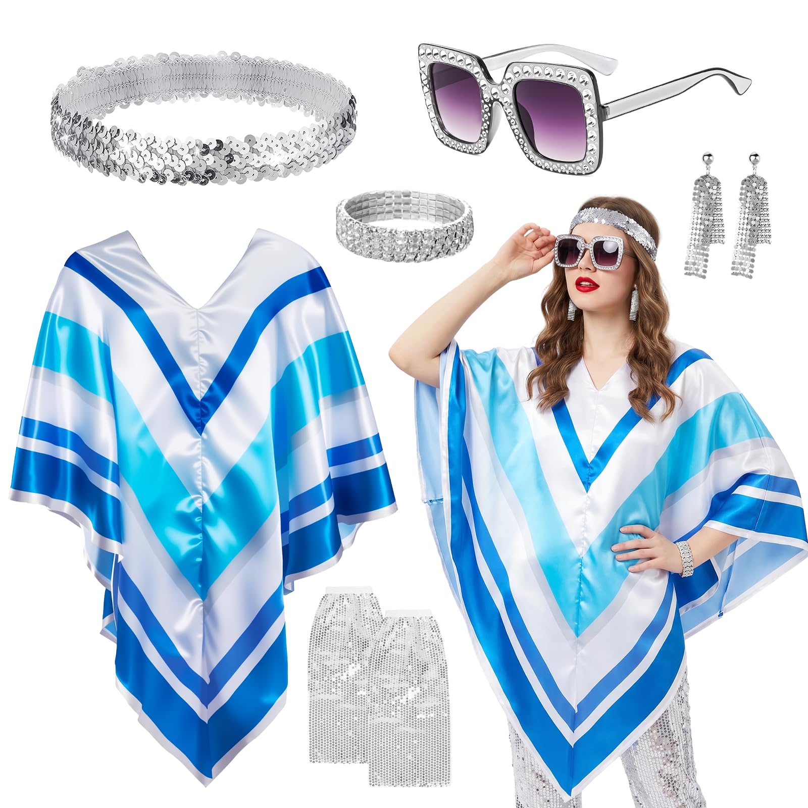 Dazzroi 70s Fancy Dress Costume for Women, 6Pcs Retro Disco Outfit with Blue White Striped Poncho Headband Leg Warmers Sunglasses Earrings Bracelet for Abba 70s Theme Party Accessories Set