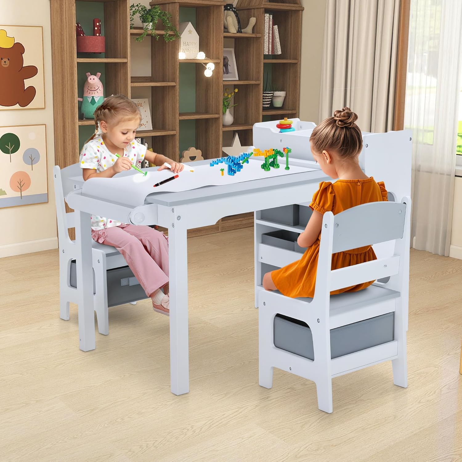Kids Art Table & Chairs Set, Wooden Activity Table with 2 Chairs, Kids Craft Desk W/8 Storage Bins and Paper Roll, Toddler Furniture Set for Art, Crafts, Drawing, Reading, Grey