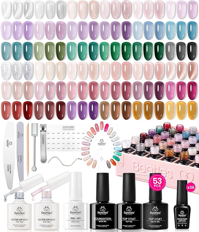 Beetles Jelly Gel Nail Polish Set, 53PCS 36 Colors Crystal Ice Gel Polish | Gel Nail Kit Jelly Pink Milky White Red Black Blue Green Silver Cat Eye Base Glitter Glossy Matte Top Coat Gift for Women