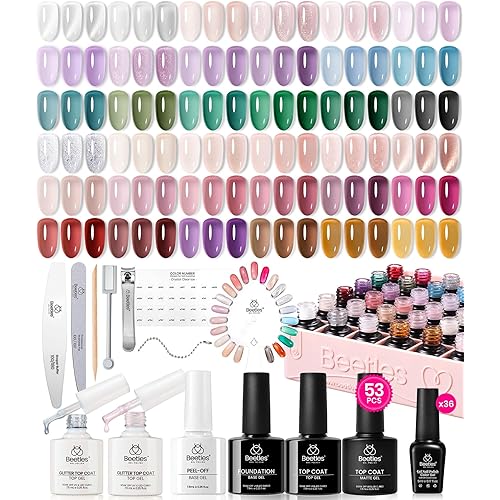 Beetles Jelly Gel Nail Polish Set, 53PCS 36 Colors Jelly Pink Milky White Red Black Blue Green Silver Cat Eye Base Glitter Glossy Matte Top Coat Crystal Ice Collection French Nails Gift for Women