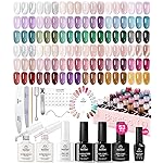 Beetles Jelly Gel Nail Polish Set, 53PCS 36 Colors Jelly Pink Milky White Red Black Blue Green Silver Cat Eye Base Glitter Glossy Matte Top Coat Crystal Ice Collection French Nails Gift for Women