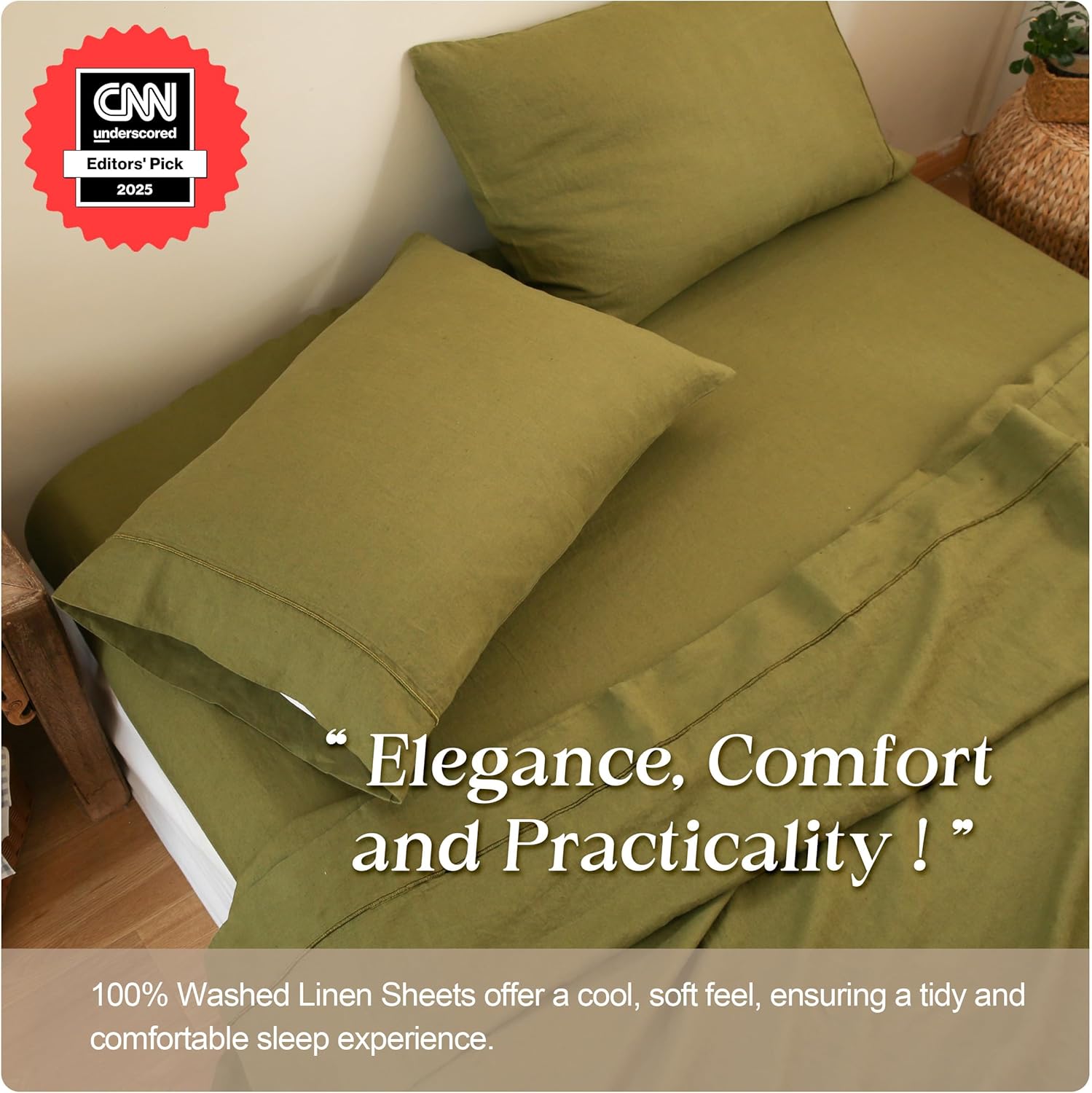 Simple&Opulence 100% Pure Linen Sheet Set Full Size, Natural French Flax Solid Color 4 Pcs Washed Breathable, Farmhouse Bedding (1 Flat Sheet,1 Fitted Sheet,2 Pillowcases)-Embroidery Olive Green - Image 5