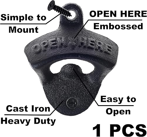 Miniatura 2 de Abrebotellas de cerveza de hierro fundido negro, 24 unidades, montado en la pared, abrebotellas a granel para bricolaje bar madera