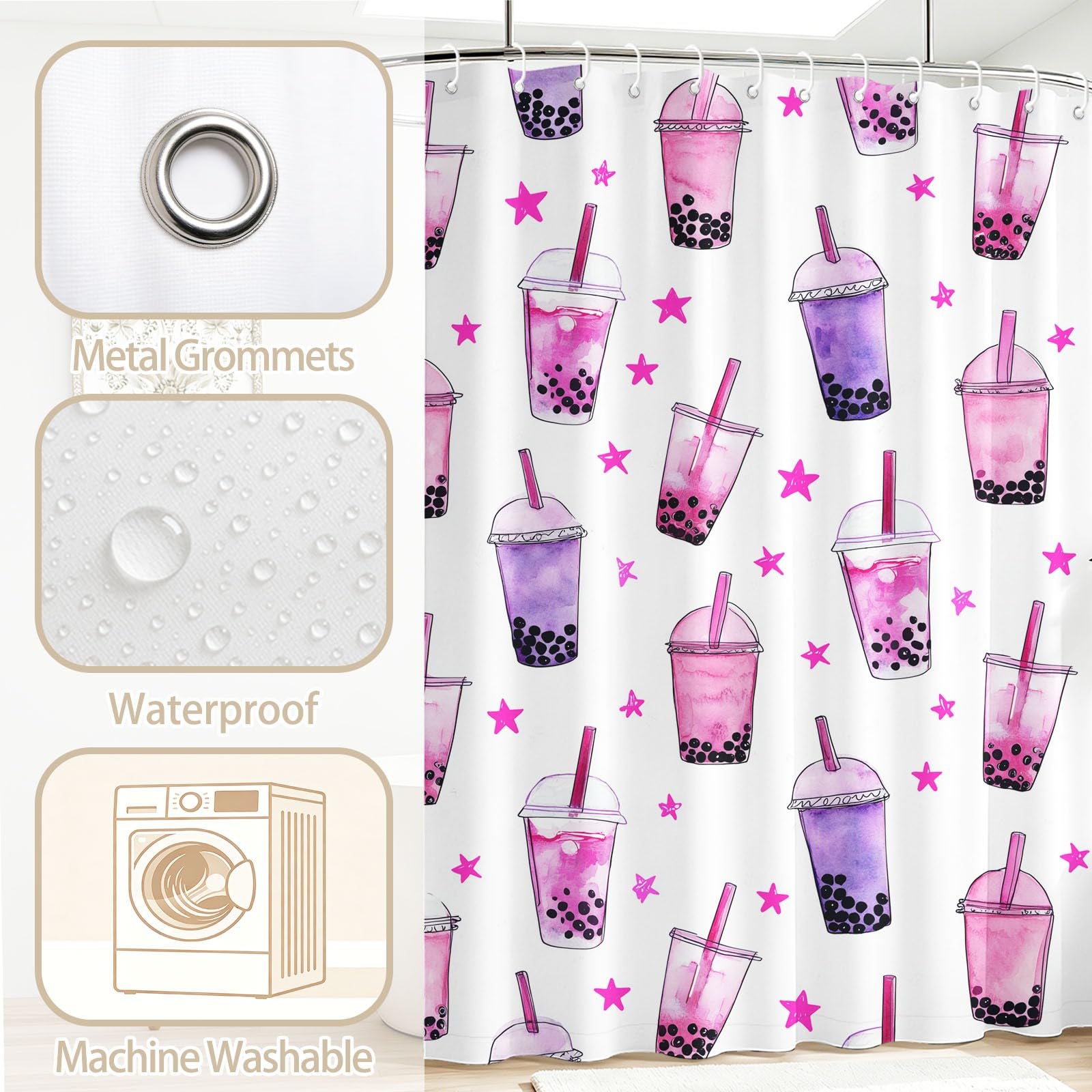 Genérico - Cortina de ducha con diseño de burbujas de té, 120 x 200 cm, antimoho, tela lavable linda estrella, cortinas de baño con ganchos, rosa