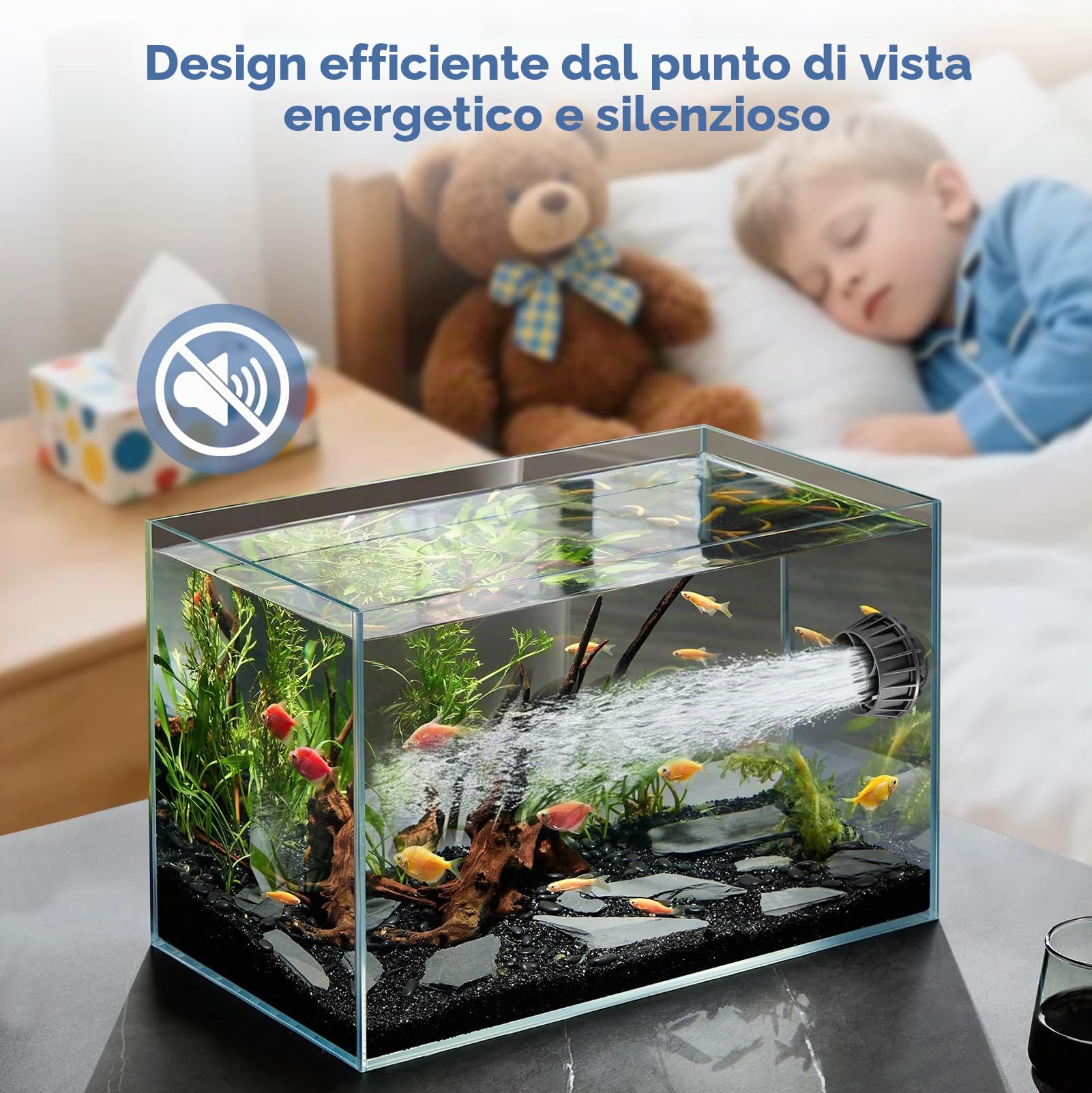 Pompa di Movimento Acquario, Pompa Mini 12W | con 5 Modalità & 10 Velocità, Portata 8000L/H, Magnetica per Acquari fino a 80cm – Bluetooth & Sensore di Luce