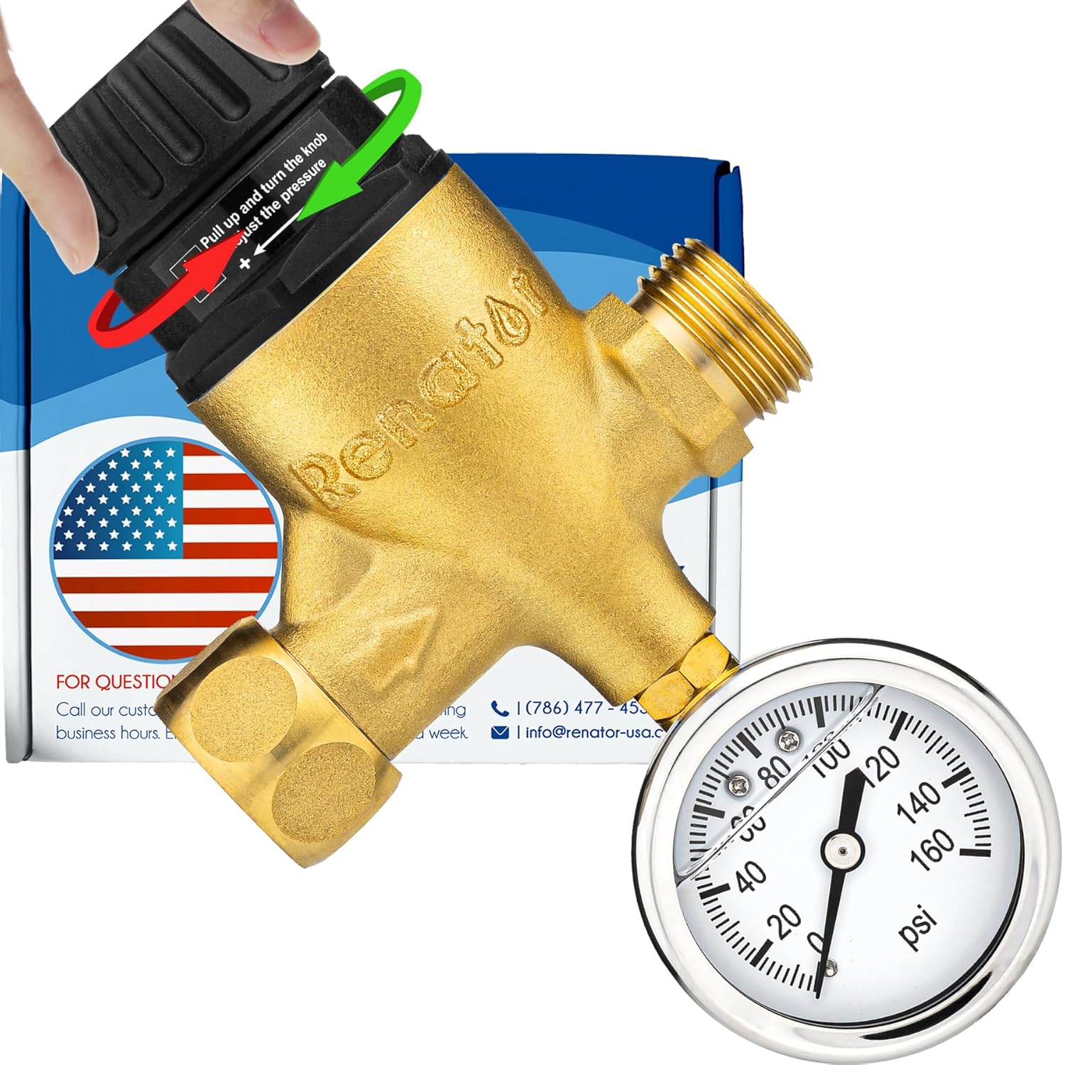 RV Water Strain Regulator for RV Camper. Brass Lead-Free Adjustable Water Strain Regulator with Gauge for Camper Journey Trailer, Reducer Valve W Filter. M44-0660R.