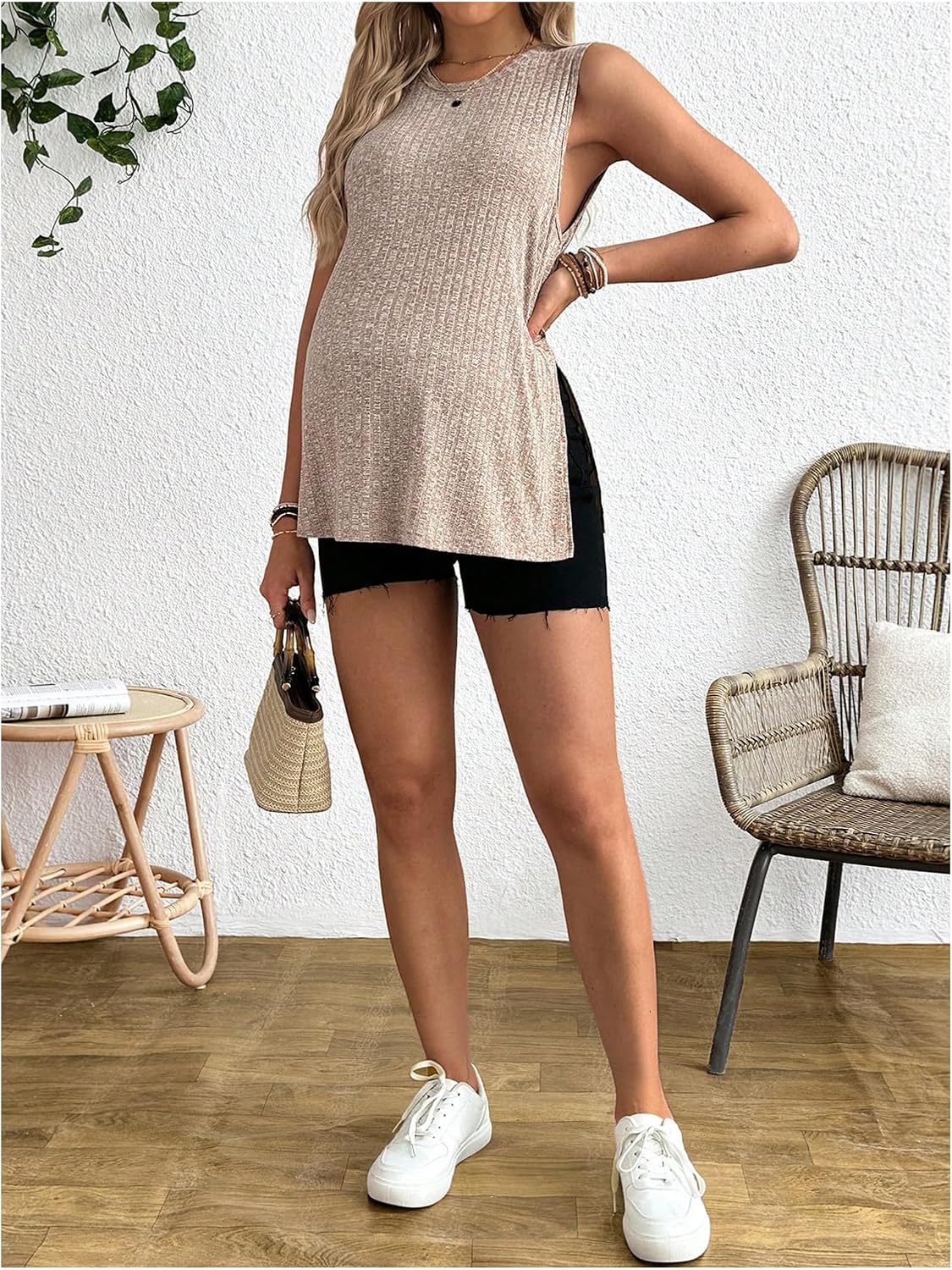SHENHE Women's Maternity Ribbed Tank Top Crew Neck Sleeveless Slit Casual Pregnancy Tunic Tops