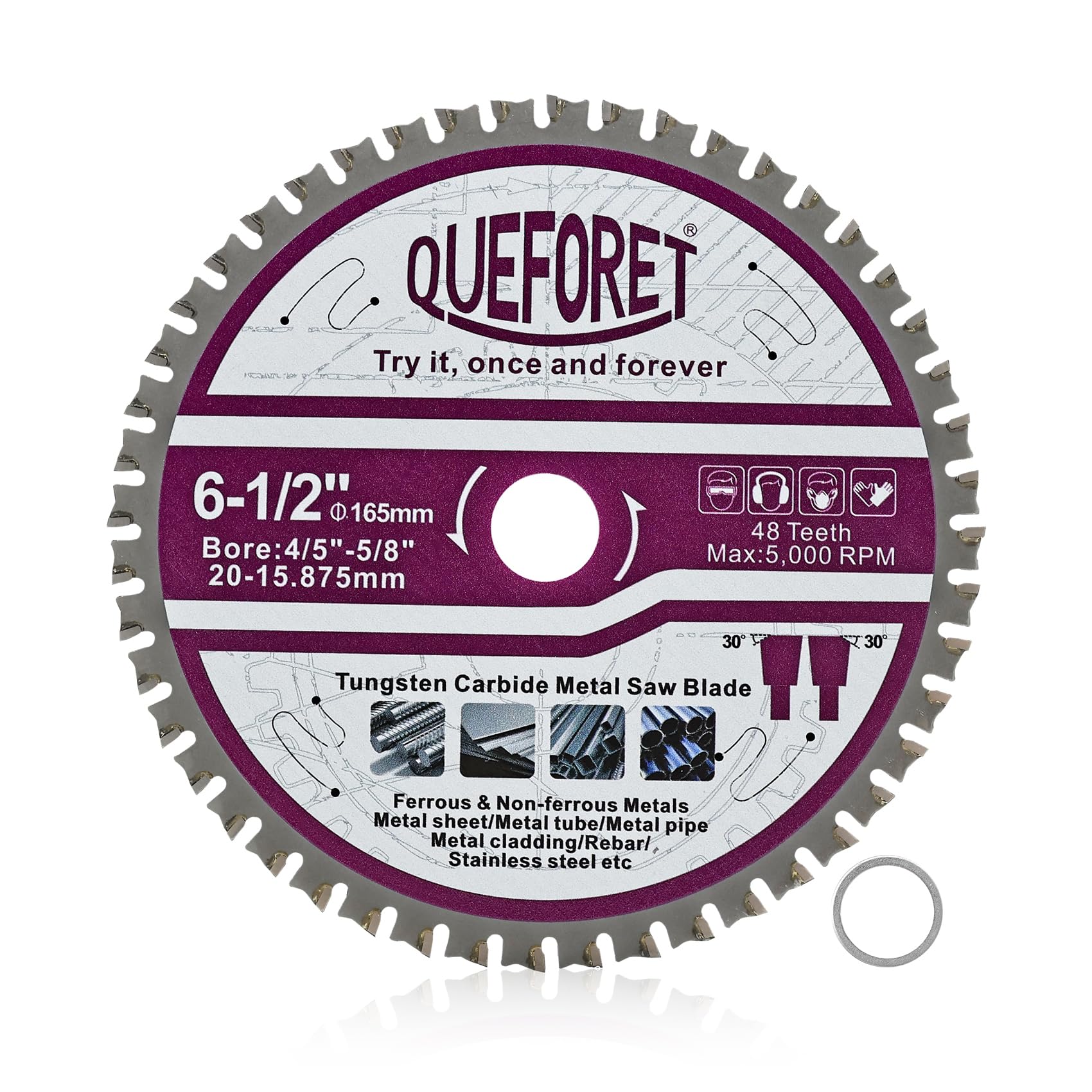 165mm Hoja de Sierra Circular - Disco Corte Metal, 20mm Orificio con Arandela de 15,875mm para Hierro Acero Metal Chapa/Tubo/Barra, 48 Dientes