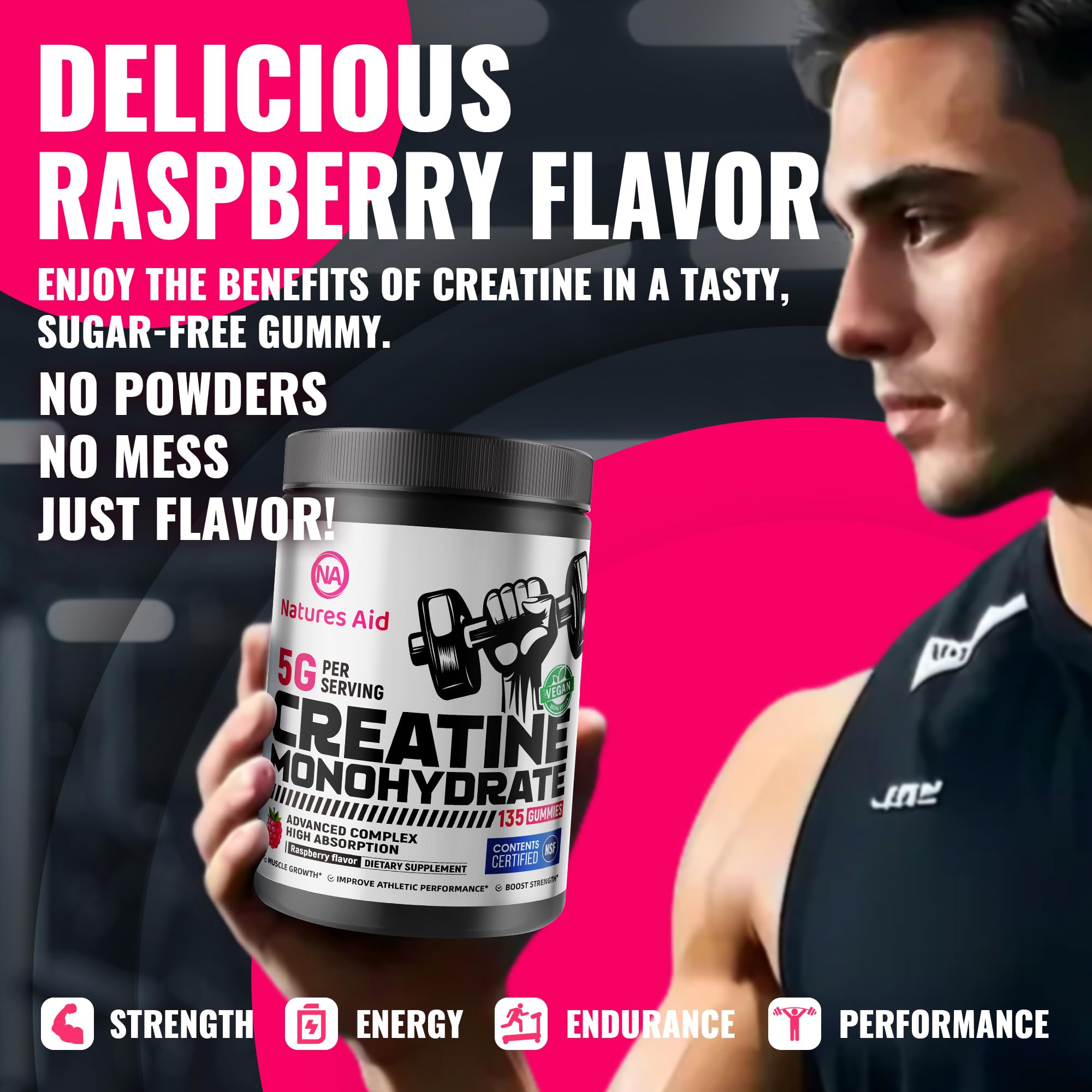 Natures Aid NSF Certified Creatine Gummy 5g - Creatine Monohydrate Gummies – Pre-Workout Energy & Muscle Growth Support for Men & Women | Raspberry Electrolyte Gummies (135 Count) — Amazon image 6