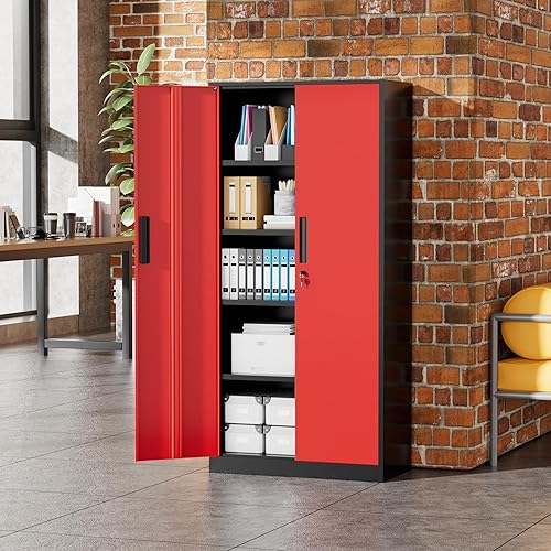 Vista 81 de Greenvelly Armario de almacenamiento de metal para garaje, gabinete de acero negro con bloqueo de 72 pulgadas con puertas y 4 estantes, armarios