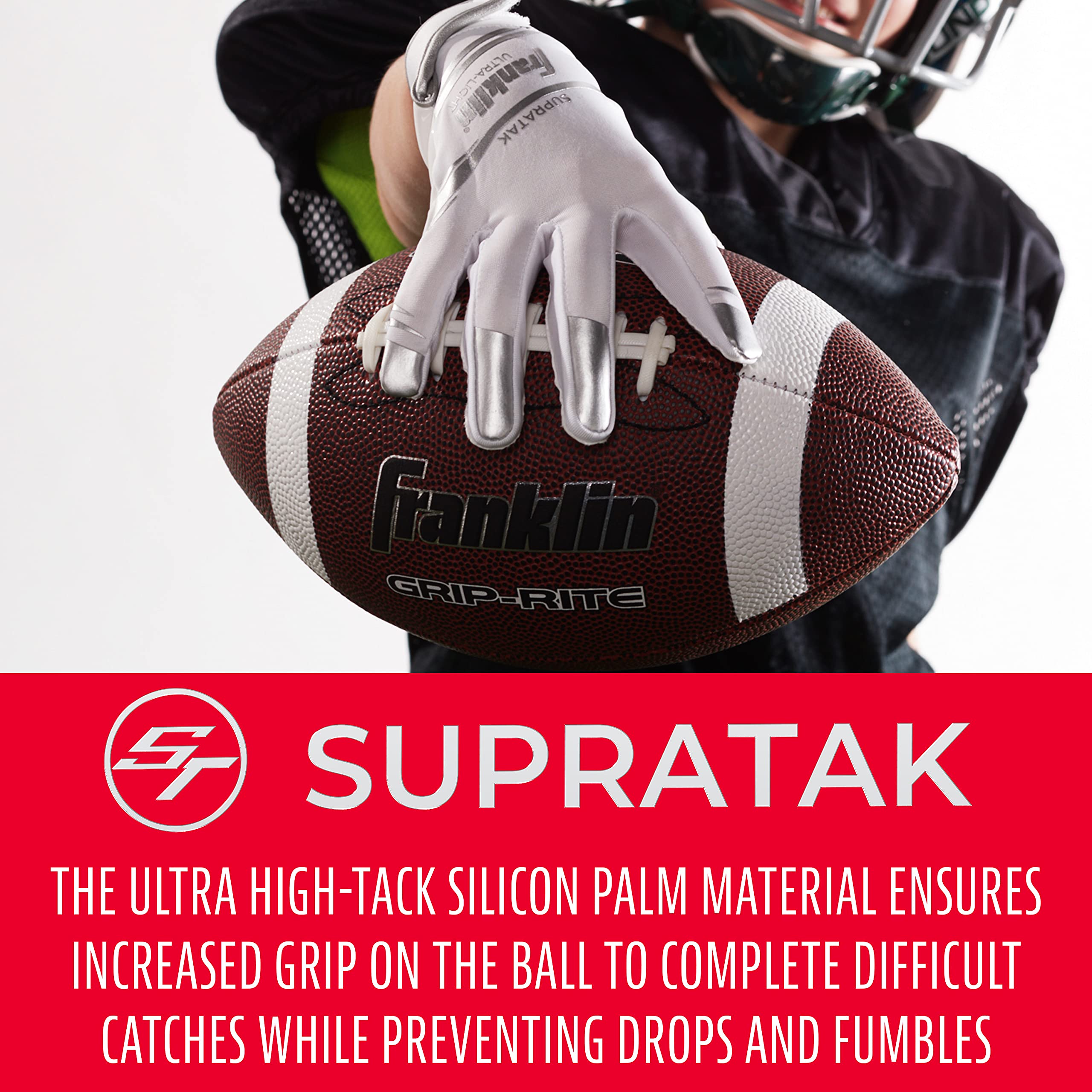 Franklin Sports Supratak Football Receiver Gloves - Guantes para adulto (tamaño pequeño), color blanco y cromado
