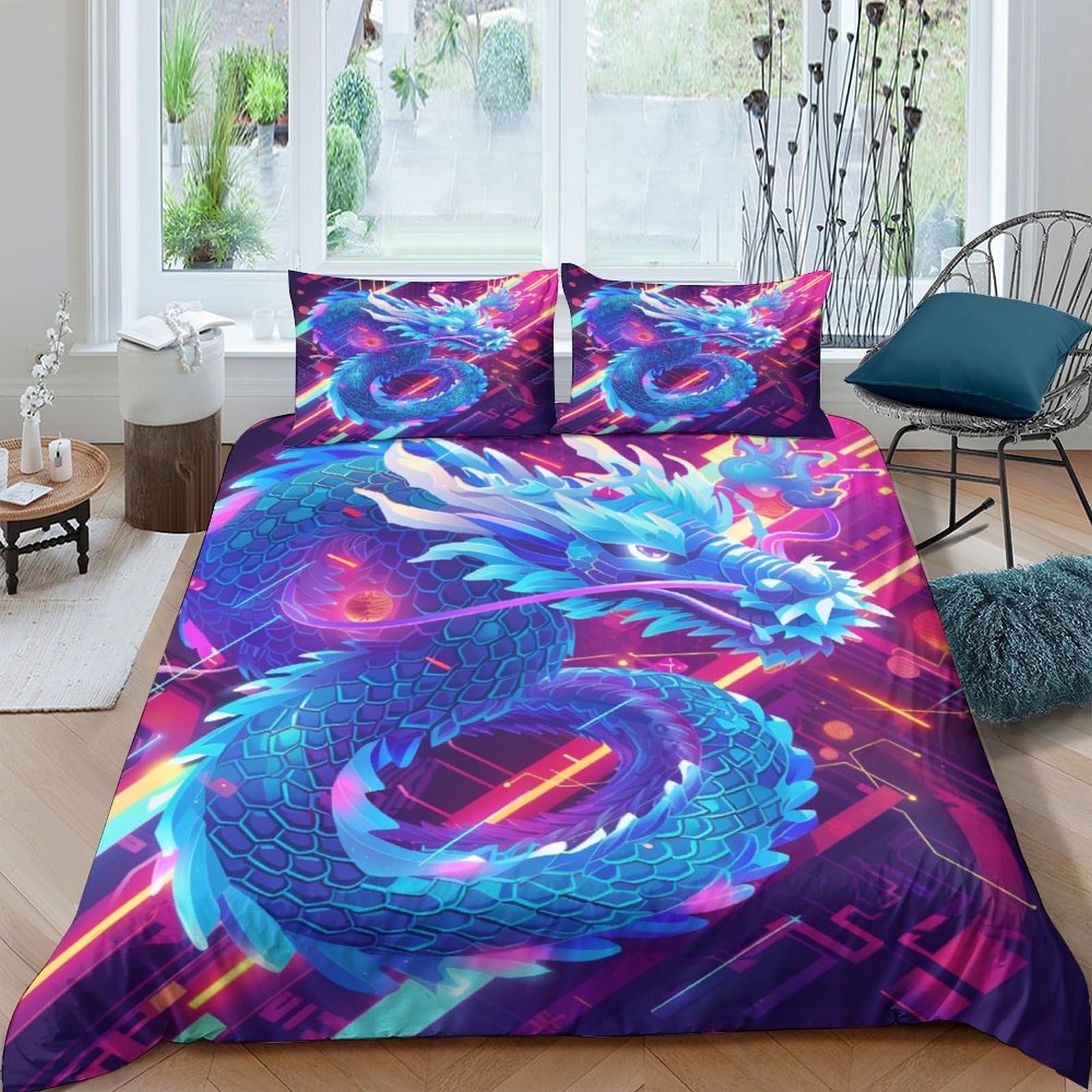 Stampato in 3D Loong cinese Copertina Stampata Microfibra Disegnata Biancheria Da Letto Con Chiusura A Cerniera Con 2 Federe,Double（200x200cm）, Per Ragazzi Adulti