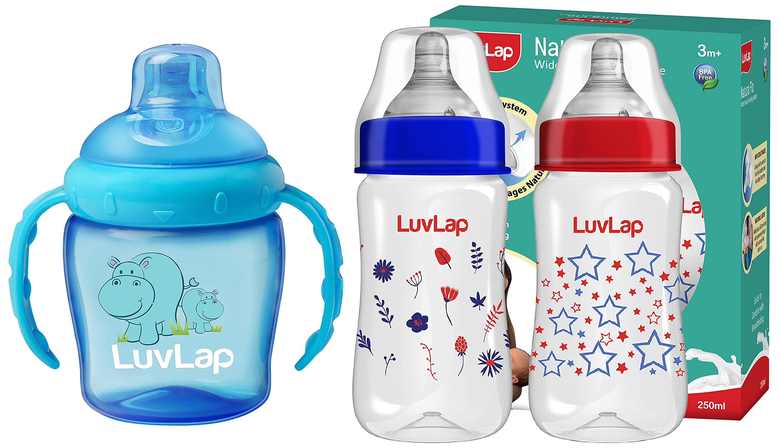 LuvLap Anti-Colic Wide Neck Natura Flo Baby Feeding Bottle, 250Ml (Pack of 2), New Born/Infants/Toddler Upto 3 Years, Stars, BPA Free & Hippo Sipper Blue-picture-36