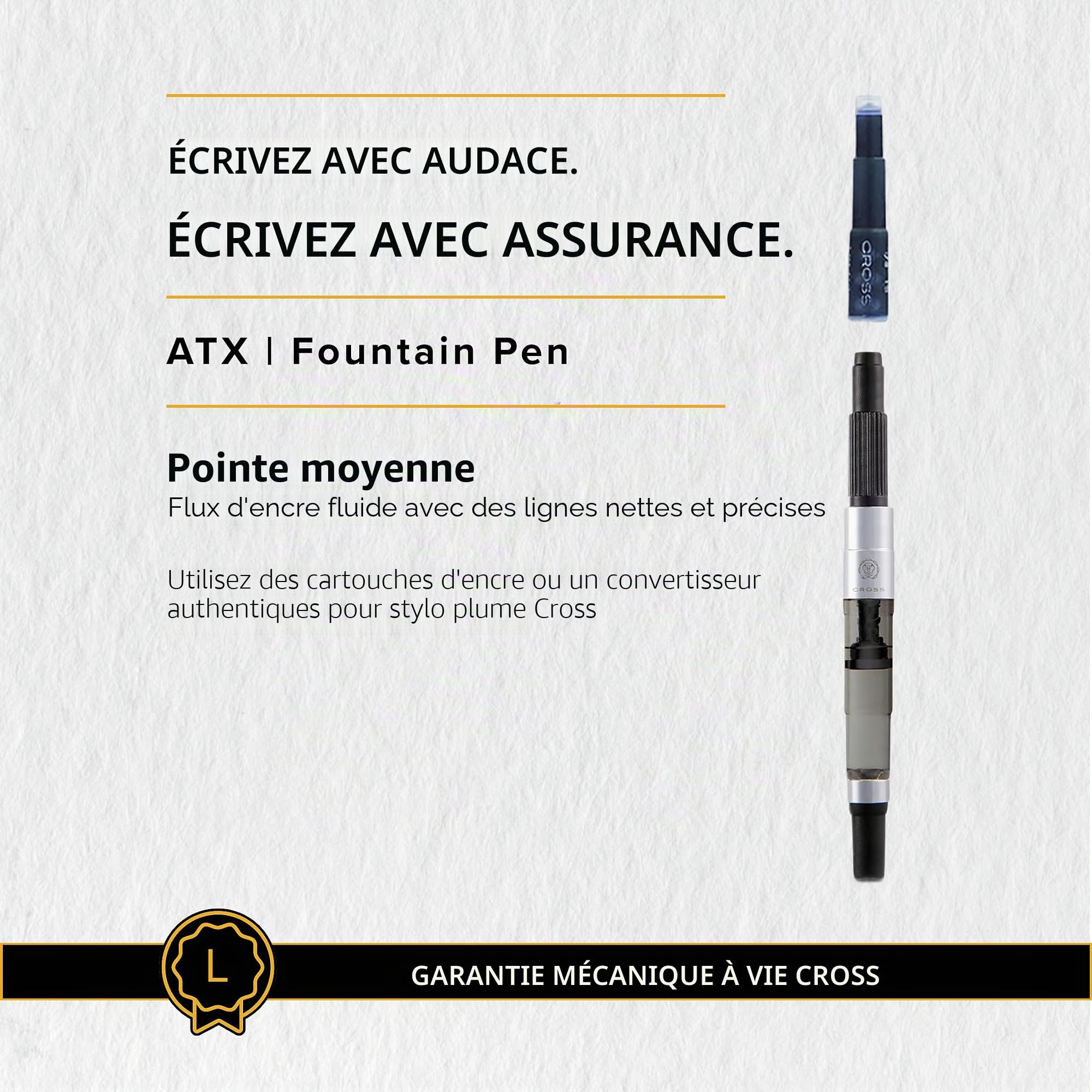 CROSS ATX - Stylo plume noir brossé avec attributs plaqués PVD noir poli / rechargeable - Pointe medium finie à la main - Ecrin classique et 2 cartouches incluses