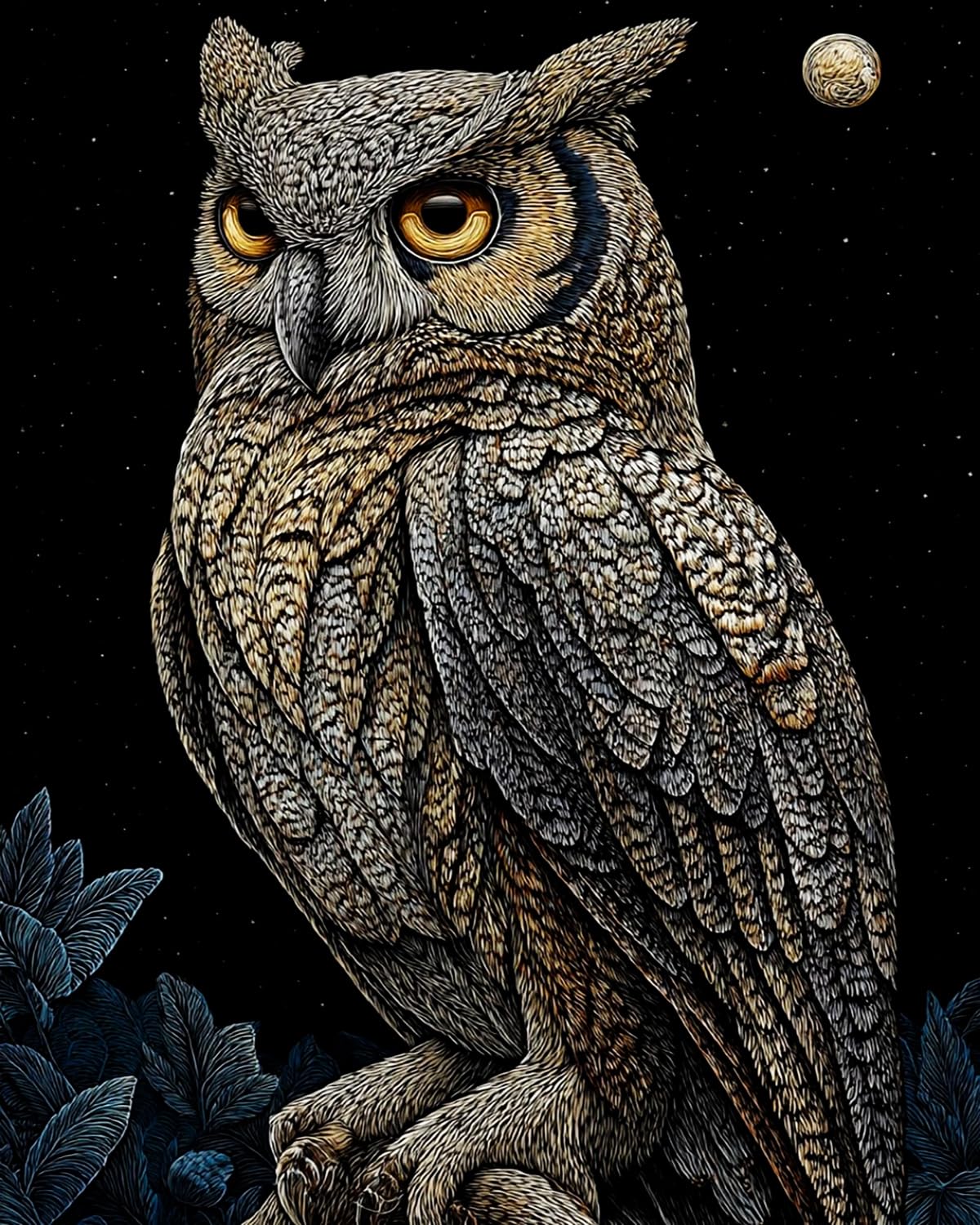 Liubaishi Black Paint By Numbers Kit For Adults, Starry Night Owl, 40X50 Cm, Acrylic On Canvas