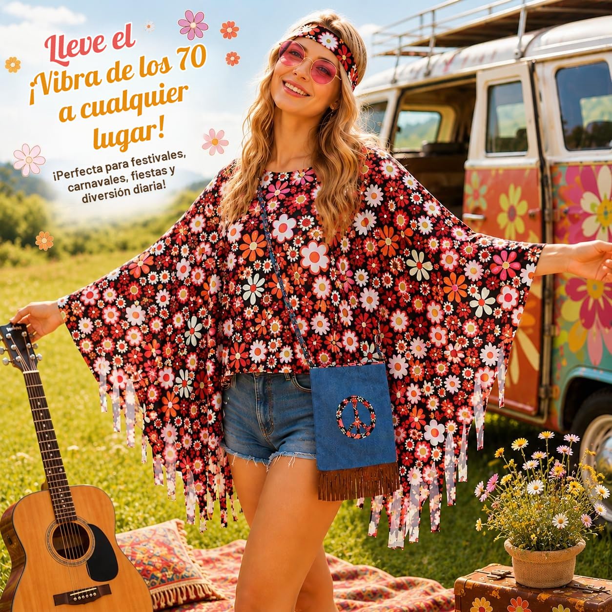 Disfraz Hippie Mujer, 9 Piezas Disfraz Años 70 Mujer, Disfraz Carnaval Mujer con Capa Hippie, Bolso Hombro Colorido, Disfraz Hippie Retro Discoteca Años 60 70 para Fiesta Carnaval