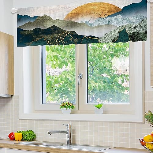 Miniatura 2 de Yorida Cortina abstracta de cenefa de montaña para ventana, estilo bohemio, amanecer, puesta de sol, con bolsillo para barra, cortina de cocina