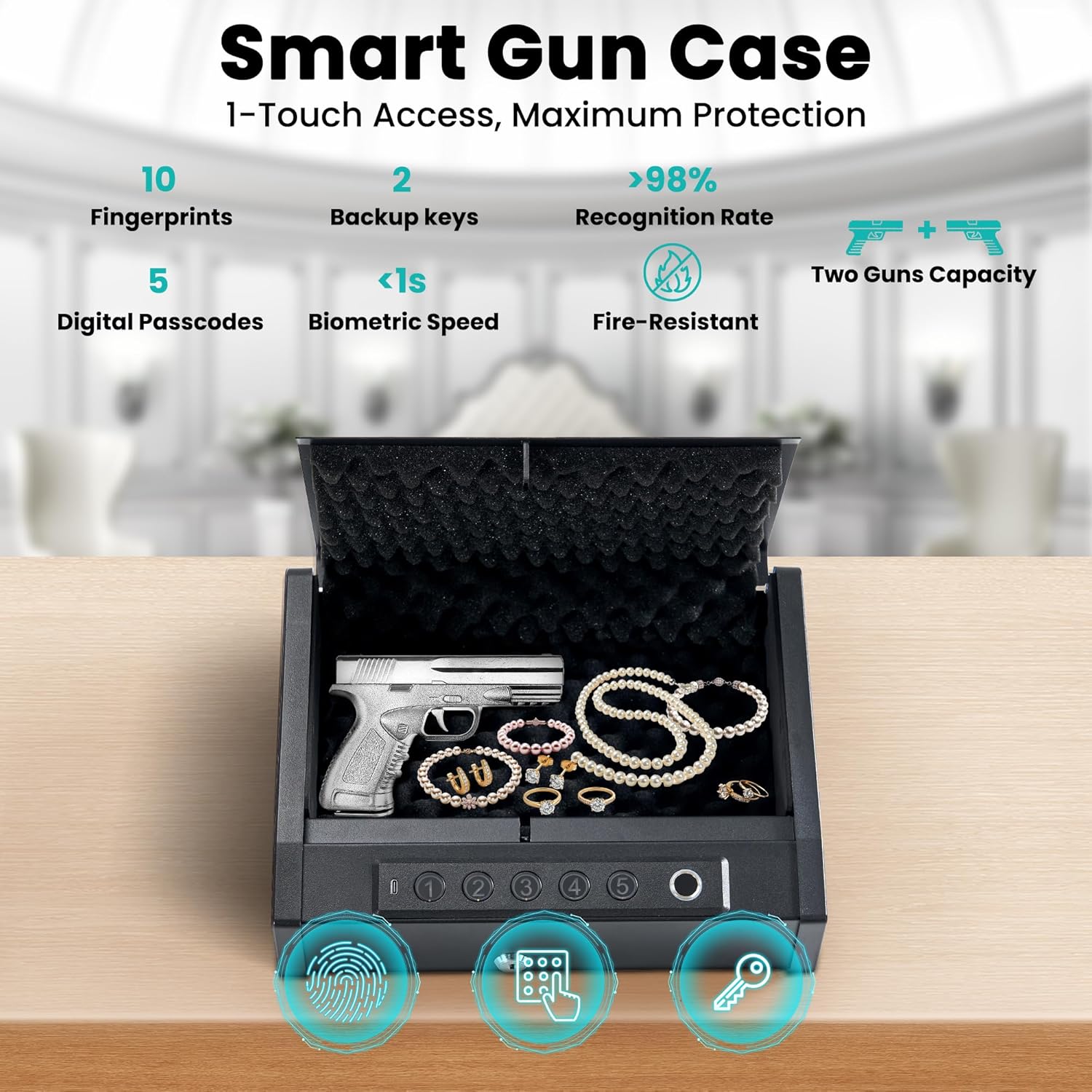 BODIOO Gun Safe, Quick Access Biometric Pistol Case with 3-Ways Unlock (Fingerprint/Digital PIN/Key), LED Light for Nightstand, Dual Power Supply, Ultra-Lightweight&Portable, Foam-Lined Interior