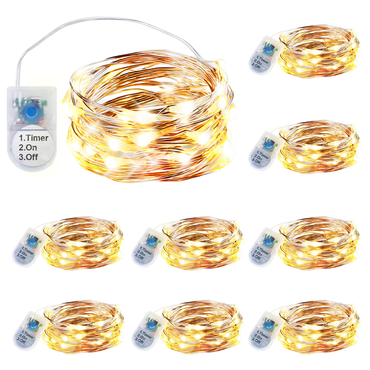 innotree Aufgerüstet 9 Stück Lichterkette mit Timer, 2M 20 LEDs Micro Kupferdraht Lichterkette Innen, Batteriebetrieben Wasserdichte für Party Weihnachten Halloween Flasche Deko, Warmweiß