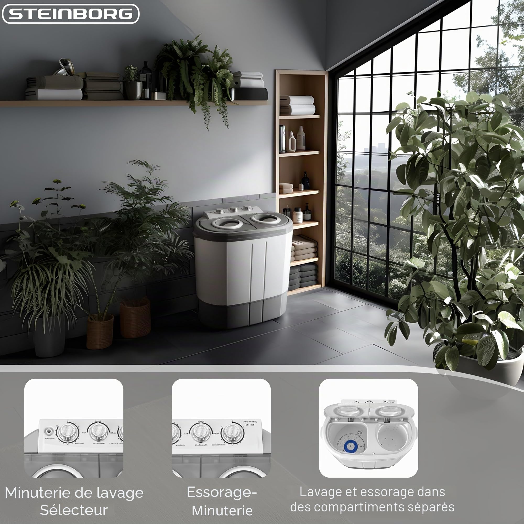 Steinborg Mini machine à laver avec essoreuse – 2 compartiments Toploader, capacité de lavage jusqu'à 3 kg, chambre d'essorage jusqu'à 1 kg, machine à laver compacte idéale pour le camping, les