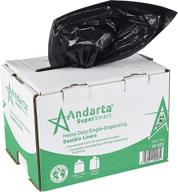 Andarta Heavy Duty Black Bin Liners In Dispenser Carton. Tear & Puncture Resistant Black Bags For Bins In Portable Dispenser For Easy Use. Great For Home Use. Super Strong Refuse Sacks (Box of 100)