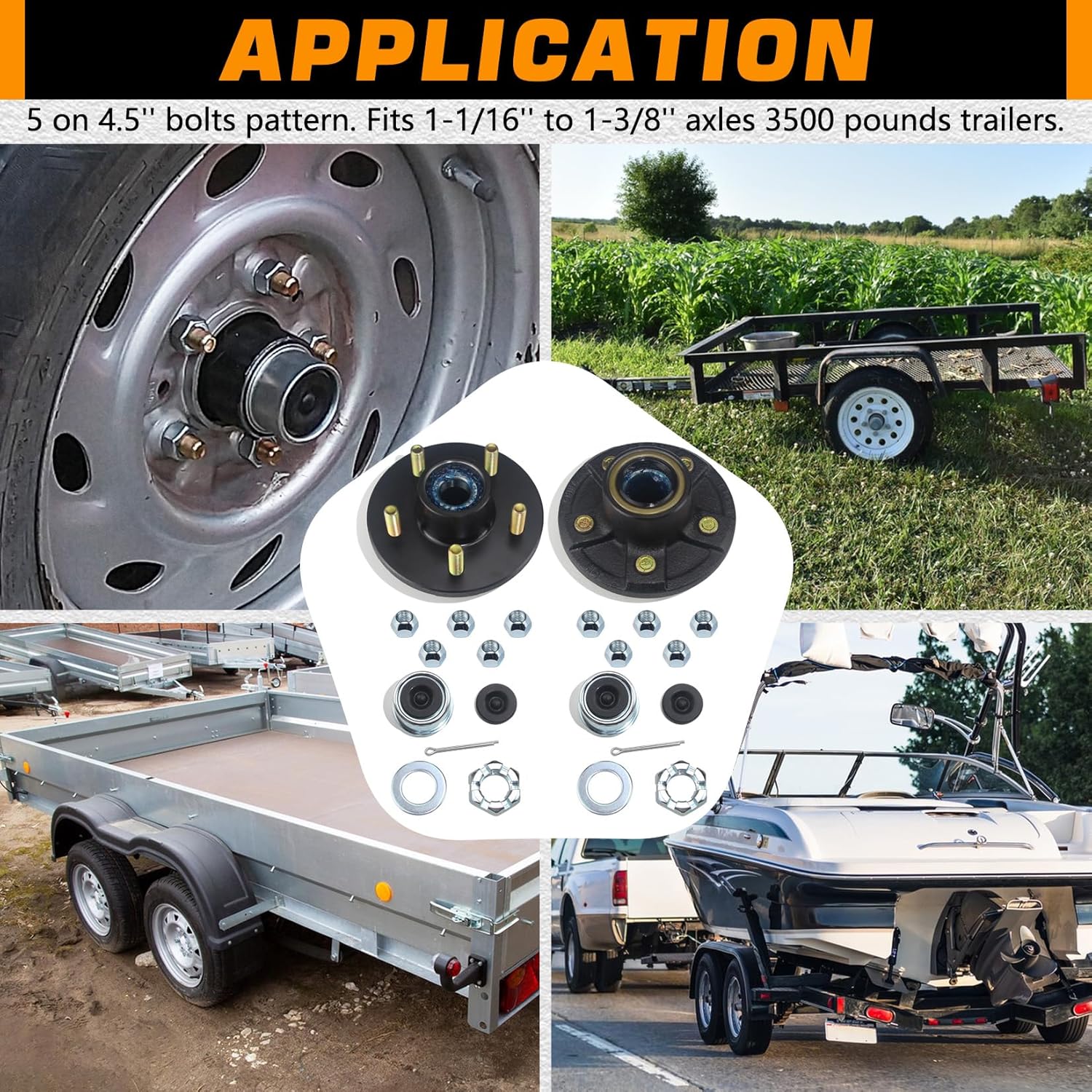 2 Sets Trailer Hub Kits 5 on 4.5'' for 3500 lbs 1-1/16'' to 1-3/8'' #84 Tapered Axle, Prelubricated L44649 L68149 Bearings 5x4.5 Trailer Replacement Idler Hub 5 Lug Bolt Trailer Wheel Hub Kit