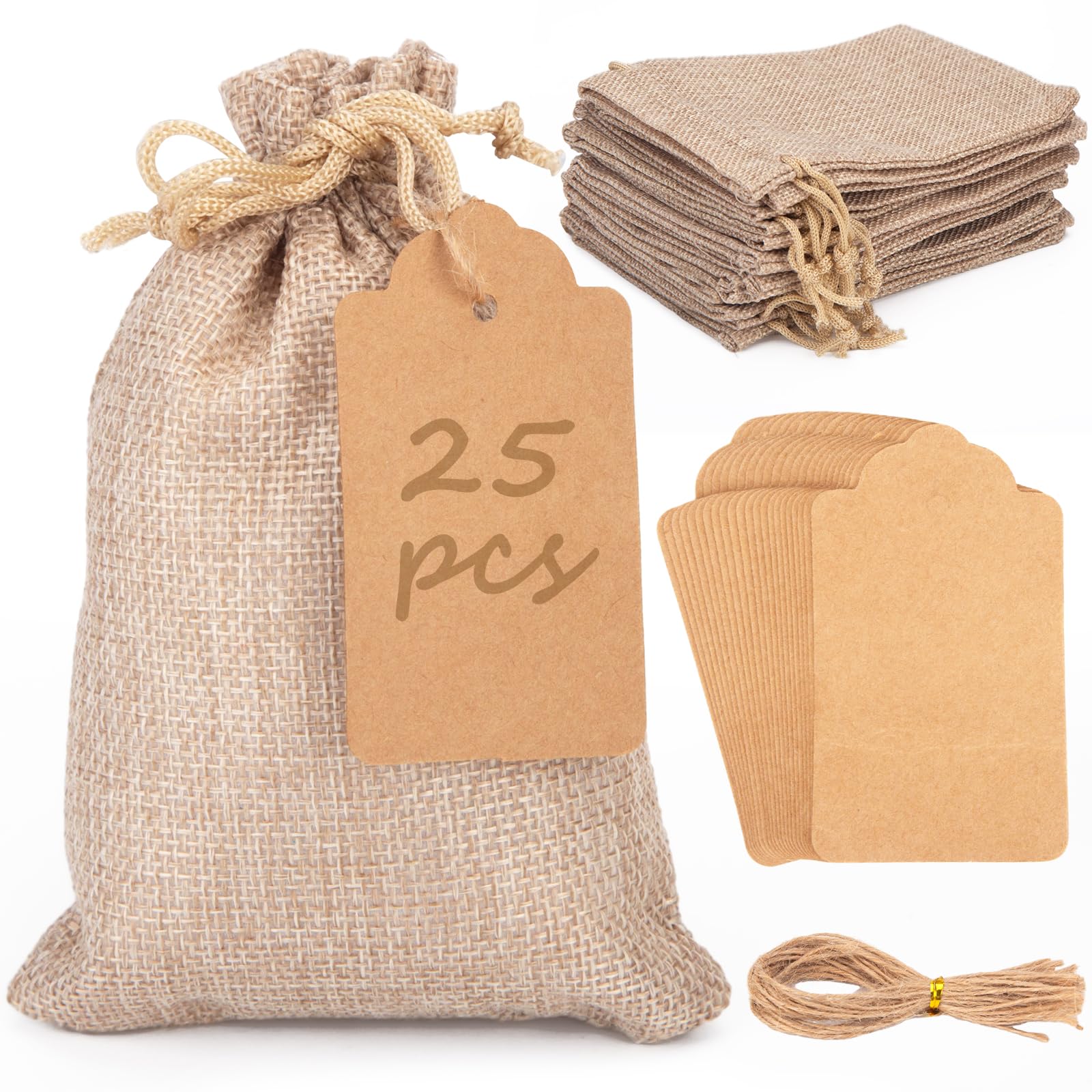 SallyFashion 25PCS Burlap Gift Bags With Drawstring, 4x6 Inch Small Linen Sack Bags Jewelry Pouches for Wedding Party Favors DIY Crafts