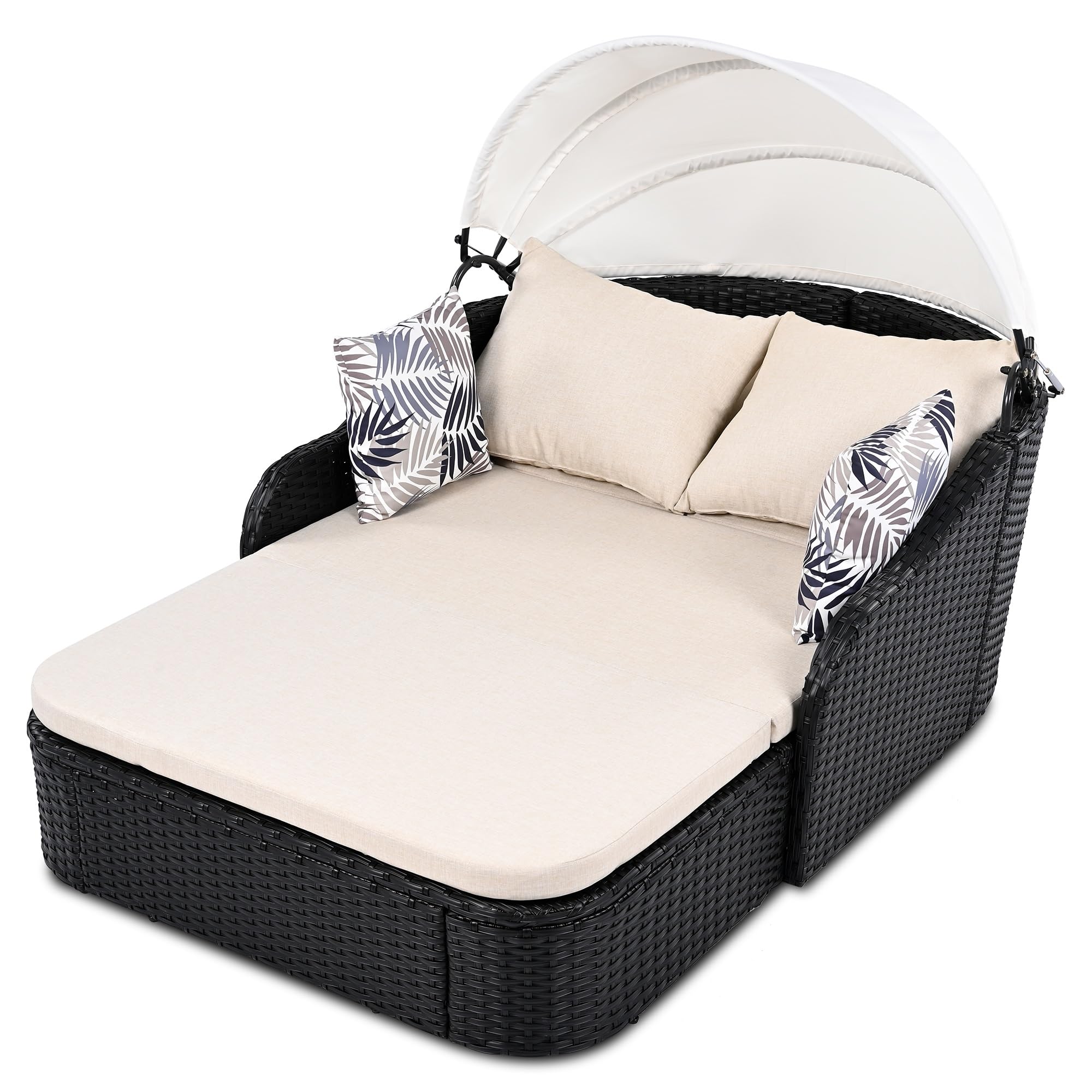 79.9" Outdoor Daybed with Retractable Canopy, PE Rattan Wicker Patio Daybed, 2-Seater Loveseat Lounge Bed Conversation Daybed, Black Wicker and Beige Cushion