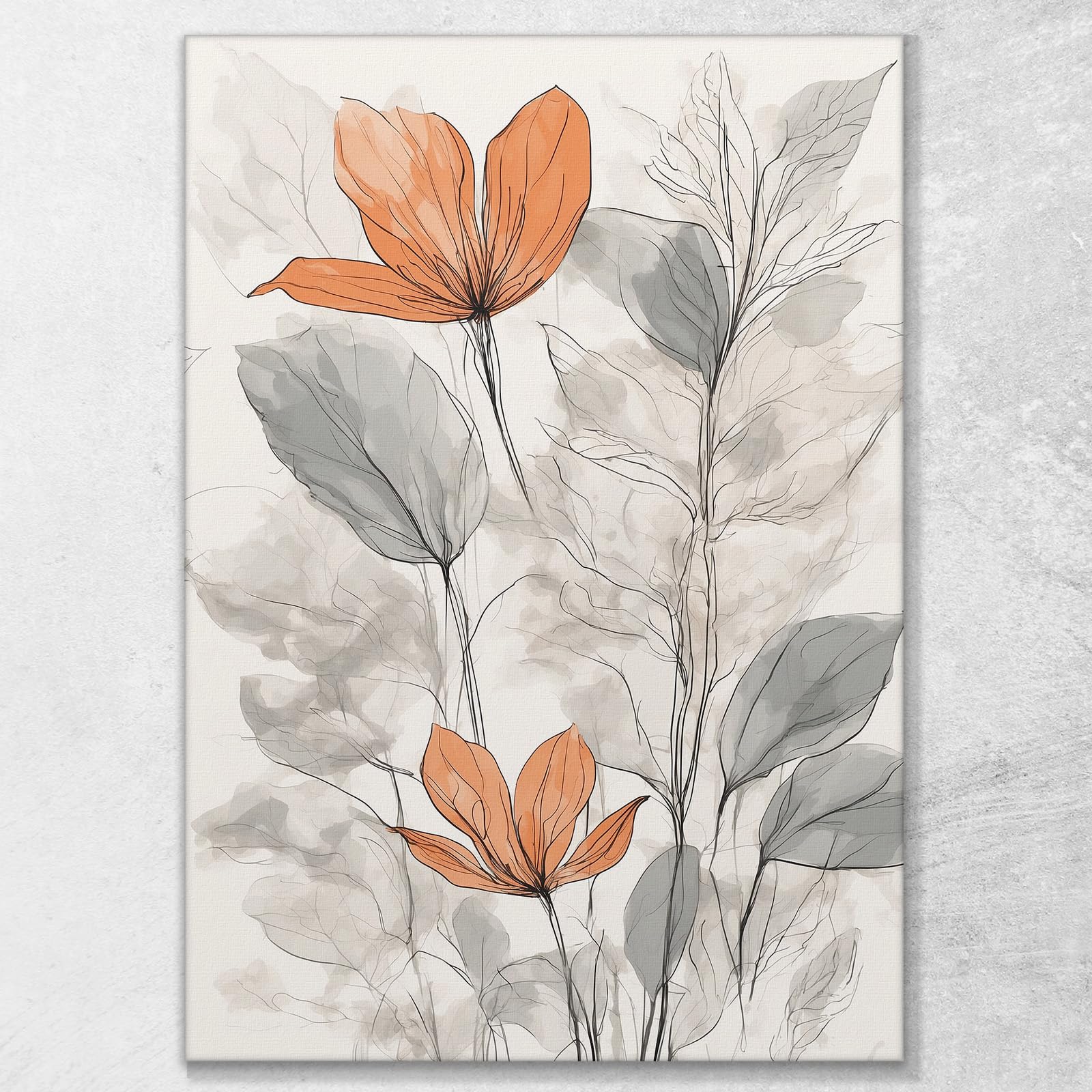 CheQuadro! Bild Blätter und Blumen, abstrakte Dekoration, Wohnzimmer, Illustration von roten Blumen und abstrakten grauen Blättern, Druck auf Leinwand, gerahmt, fertig zum Aufhängen, btn33-40 x 30 cm