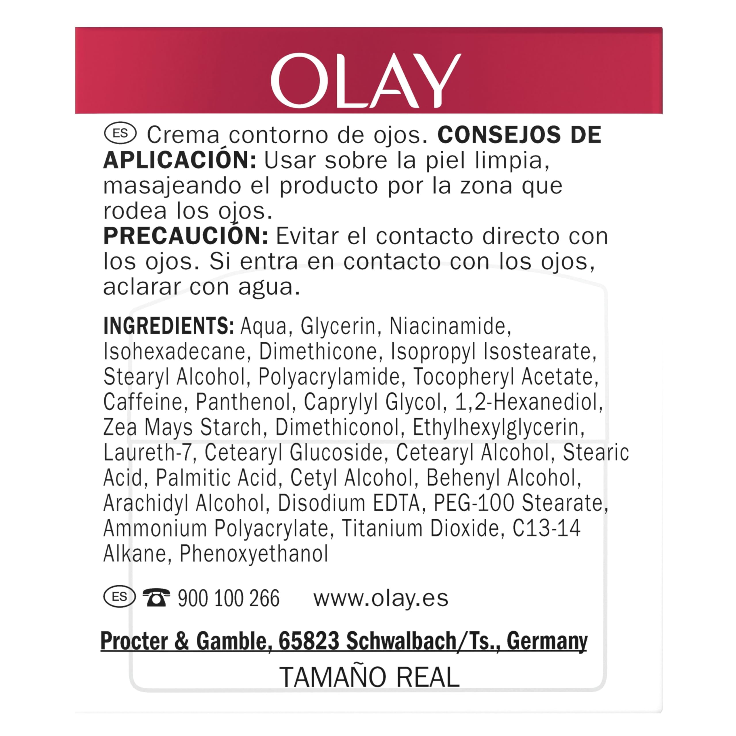 Olay Contorno de Ojos con Niacinamida. Hidratante Antiarrugas y Antiedad para la Zona de los Ojos con Niacinamida. Regenera e Hidrata. Mejora los Signos del Envejecimiento. No Grasa. Sin Perfume. 15ml