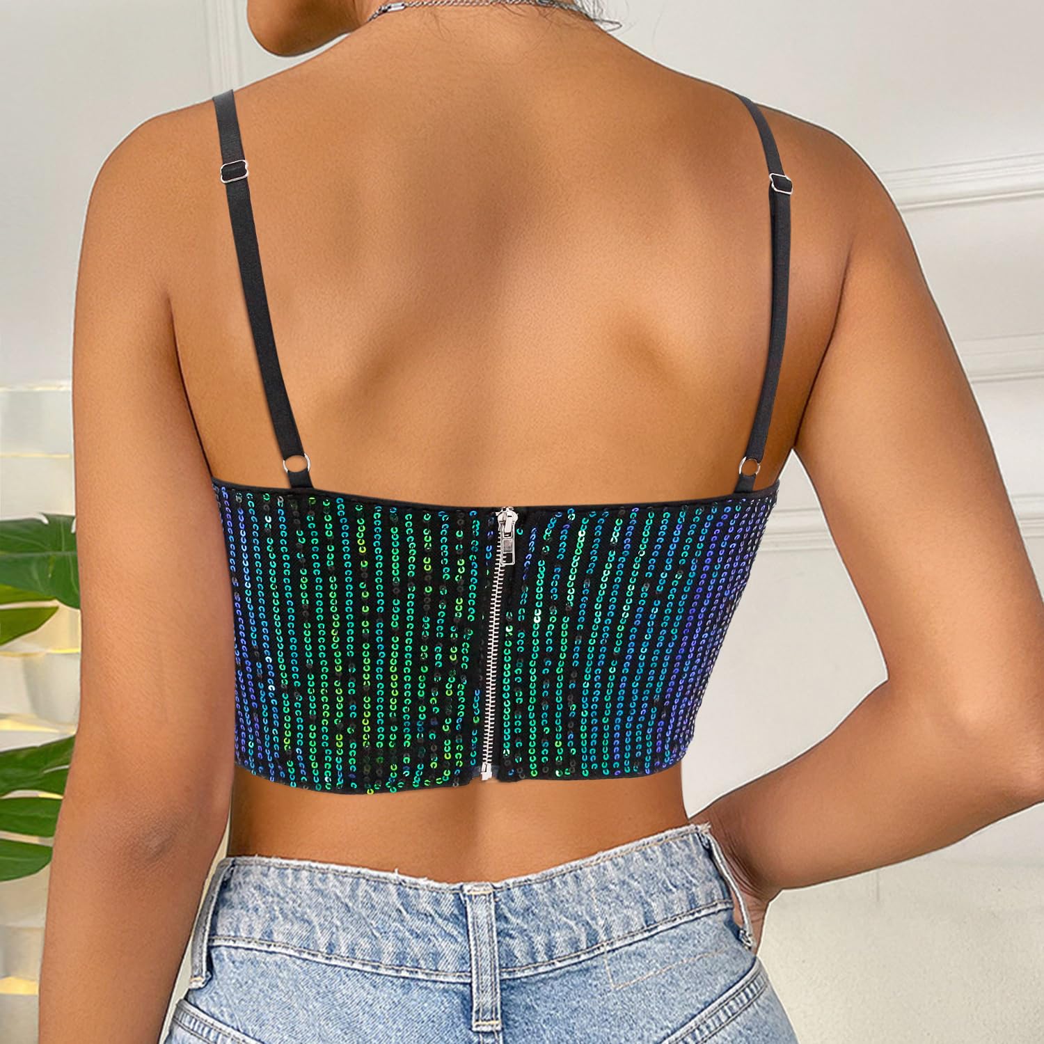 Canottiera da donna riflettente metallizzata, bustier con spalline sottili crop top aderente senza maniche a tubo, camicetta, Paillettes nero, XL