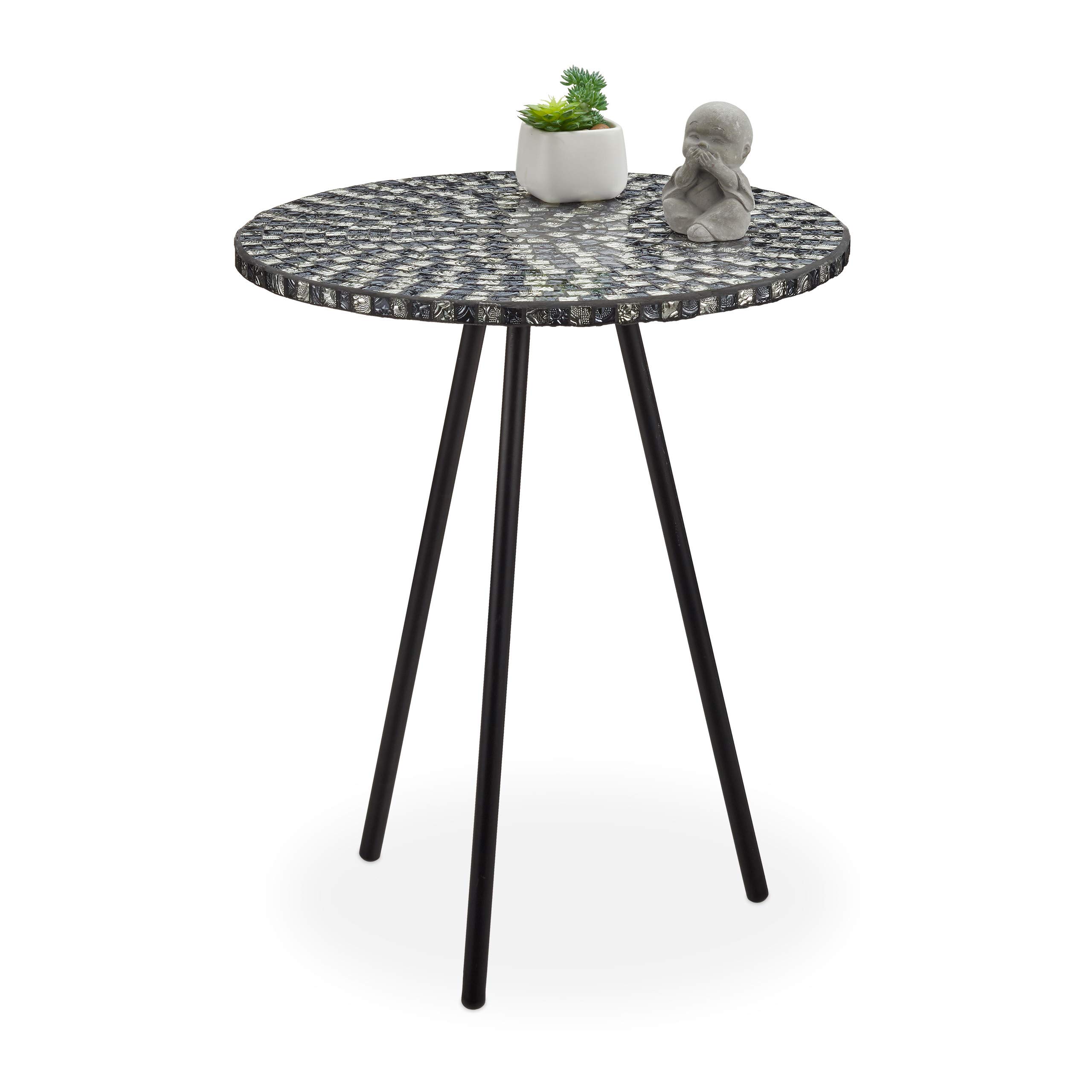 Table d’appoint mosaïque jardin ronde noire blanche fer forgé 50cm