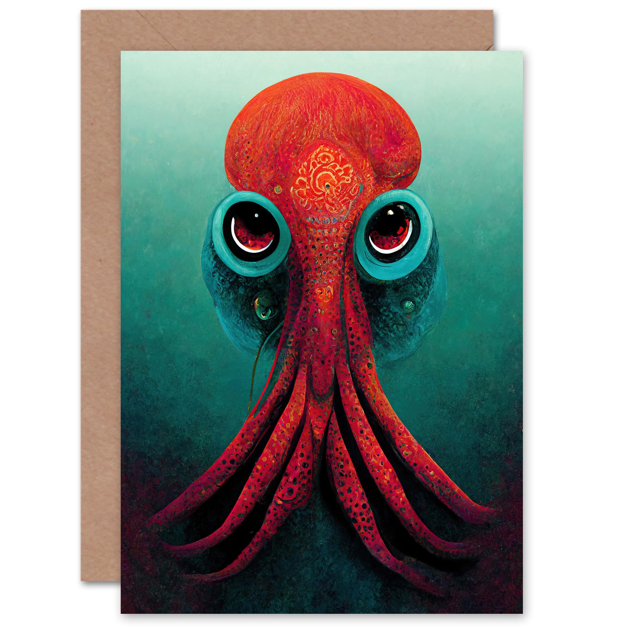 Artery8 Red Octopus for Him or Her Man Woman Birthday Thank You Congratulations Blank Art Greeting Card