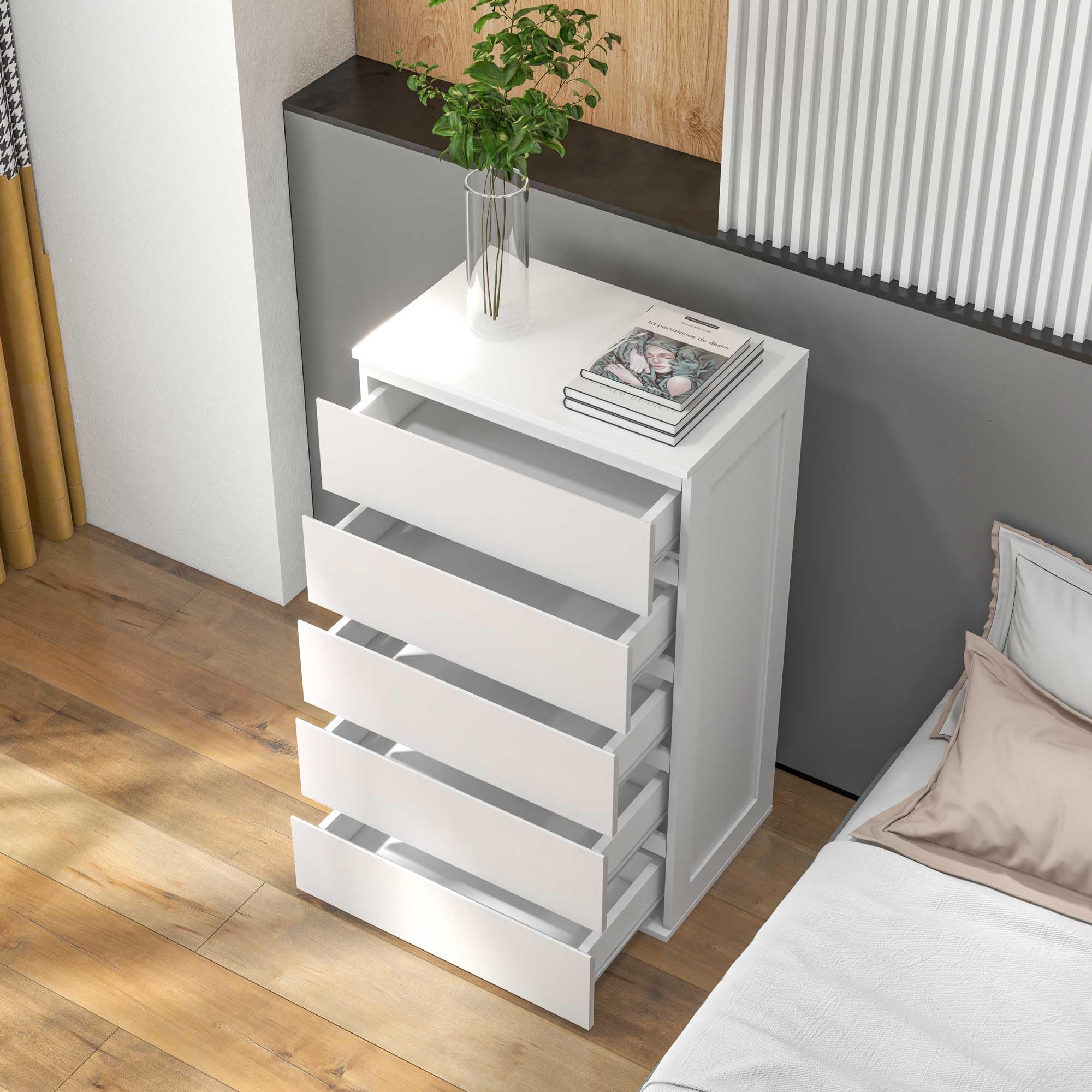 HOMCOM Commode 5 tiroirs, Meuble de Rangement étroit sans poignées, chiffonnier, Style Moderne, Commode pour Chambre à Coucher, Salon, Couloir, 60 x 39 x 100 cm, Blanc
