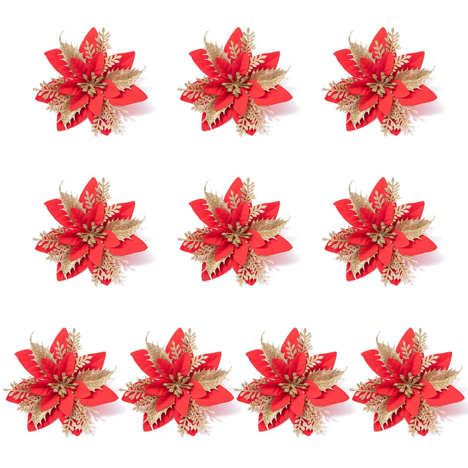 YROHGKPN 10pcs Glitter Poinsettia 5.5" Artificial Christmas Flowers XmasTree Ornaments for Wedding Party Wreath Decoration Craft Christmas Ornaments