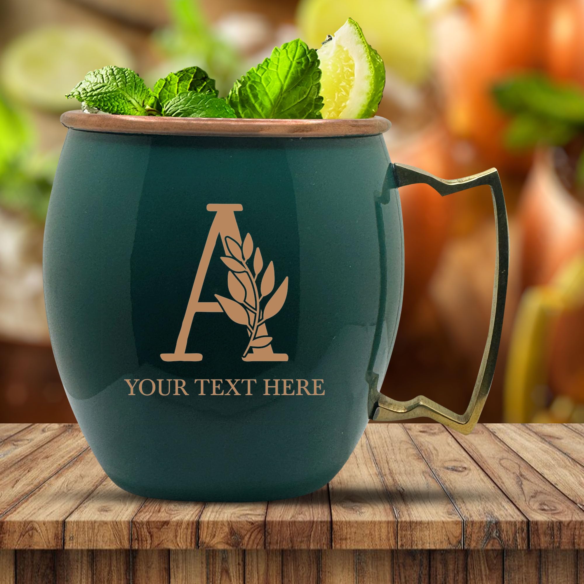 Custom Copper Moscow Mule with Smooth Painted Finish - Engraved Bar Style 100% Copper Cup with Personalized Plants Letter Monogram Themed Engraving, Brass Handle | 18 oz, Green