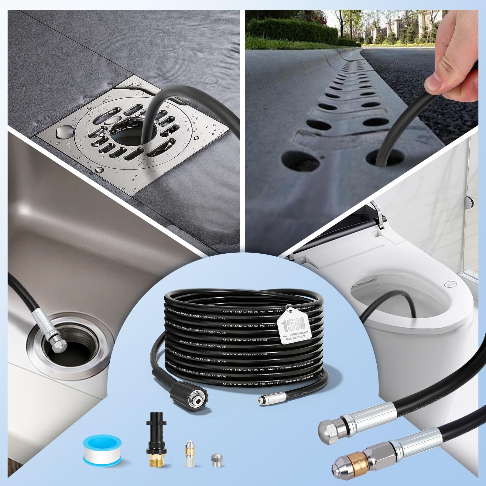 15m Manguera Desatascadora, Sonda Desatascadora de 400 Bar/5800PSI con Adaptador, 2 Boquillas (de Chorro y Giratoria) y 1 Cinta de Teflón, Compatible con Kärcher K2-K7 para Uso Doméstico