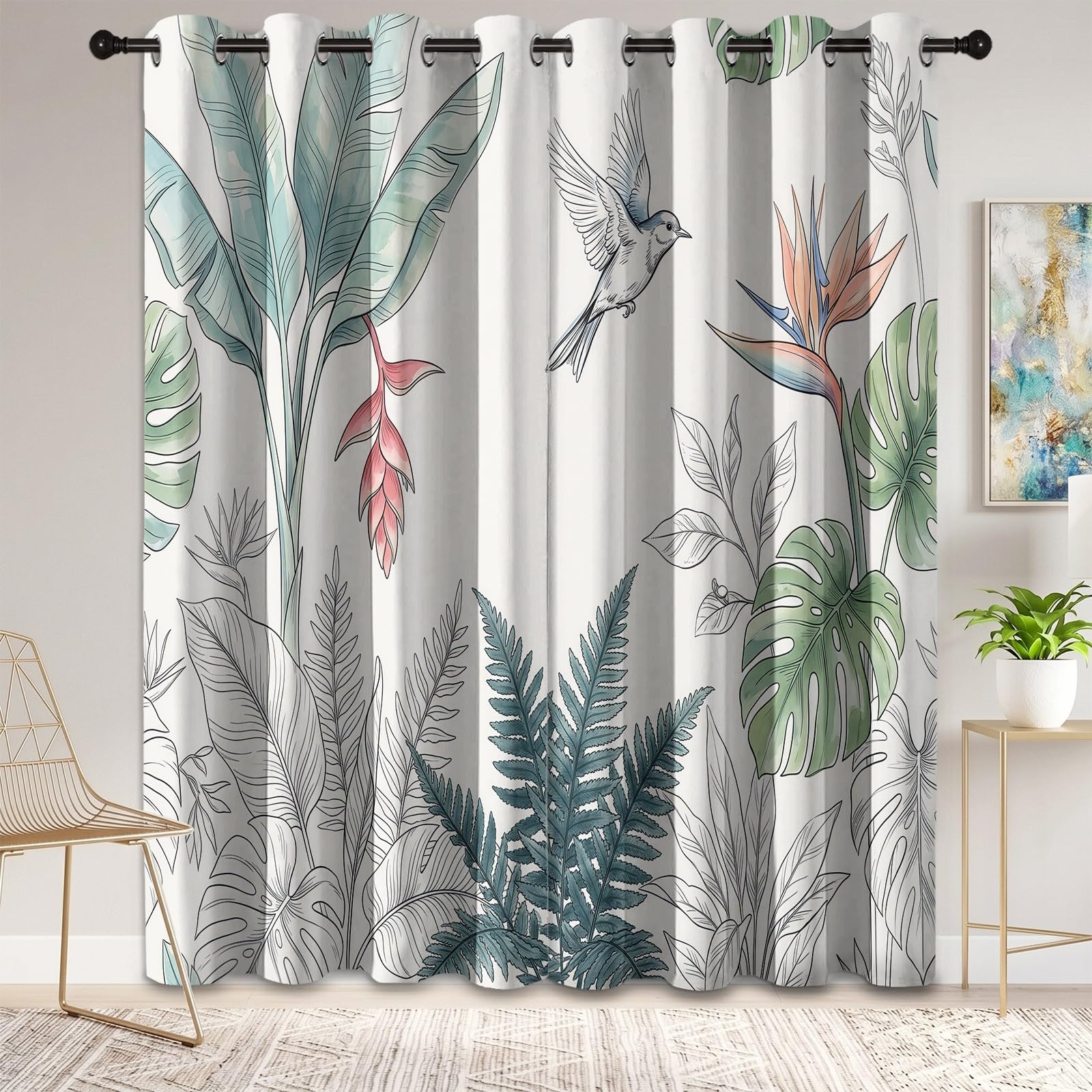 100% Rideaux Occultant, Blanc Isolation Thermiques Rideau, Jungle Tropicale Feuille De Bananier Fleur Oiseau Doux Rideaux à œillets, Nature Minimaliste Rideau pour Chambre Salon, 70 x 240 cm Lot de 2