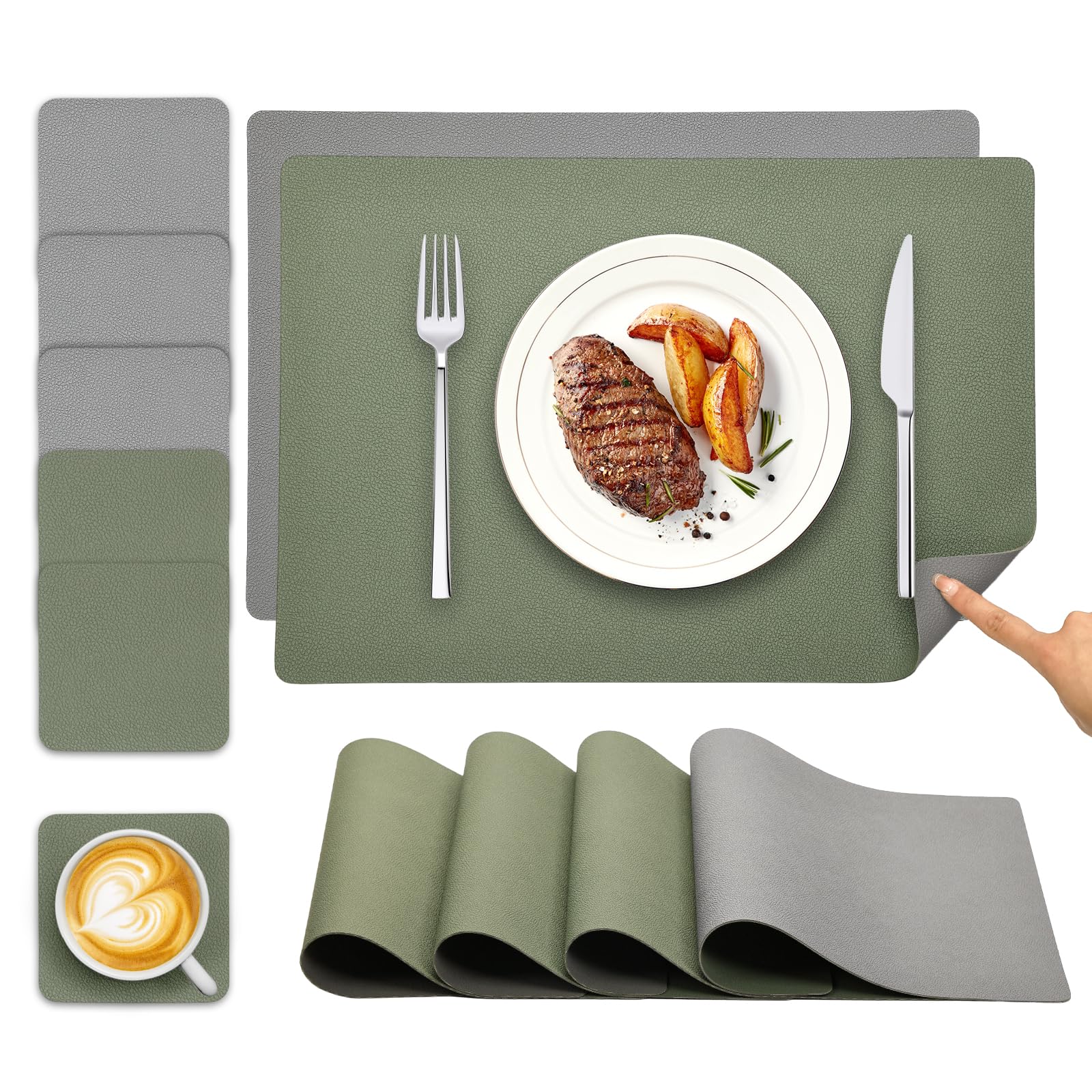 YIHELU Tischsets Abwaschbar und Untersetzer 6er Set, Platzsets Abwaschbar Doppelseitigen Kunstleder rutschfest & Einfache Reinigung, Platzdeckchen für Esszimmer