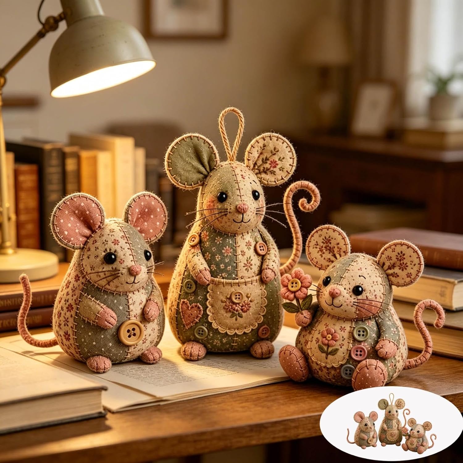BRELIL DIY Patchwork Mouse Sewing Kit, Hand Stitch Supply Set with Floral Fabric, Stuffing & Buttons, Cute Stuffed Ornament Making Starter Pack for Adult & Novice Makers Creative Project (Type A)