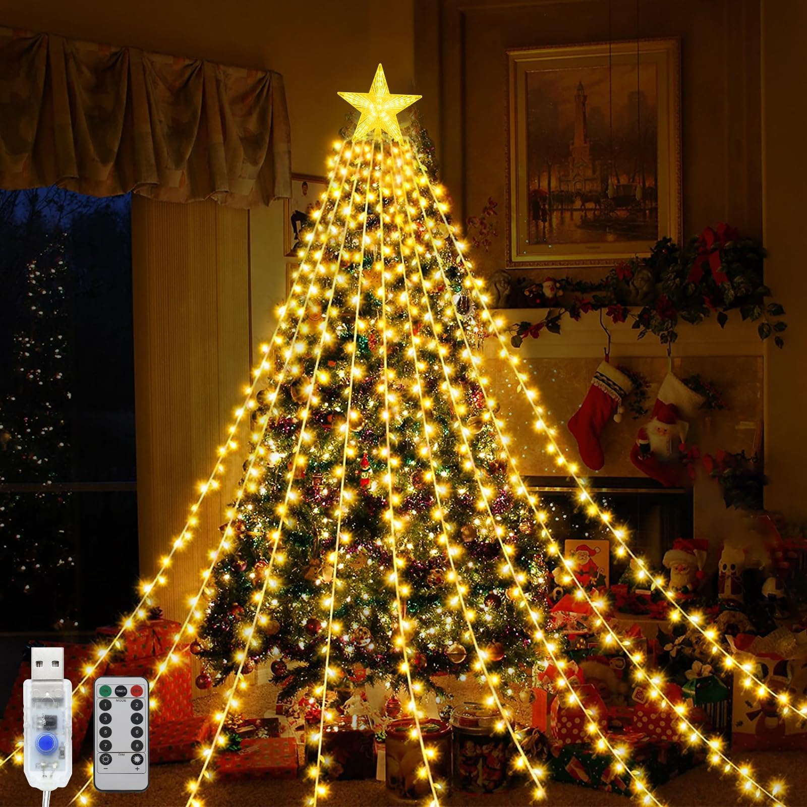 Micacorn Christmas Decorations Lights, USB Christmas Lights, 6.6 ft 9 Strand 198 LED Waterfall String Light with Topper Star, 8 Modes Xmas Waterfall Tree Lights with Remote for Xmas Wedding Party