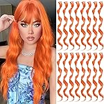 TOFAFA 16 Pcs Colored Hair Extensions Curly Wavy Clip in Synthetic Hairpiece Streak for Girls Women Kids, Colorful Christmas New Year Party Highlights Cosplay Festival Gift(Orange)