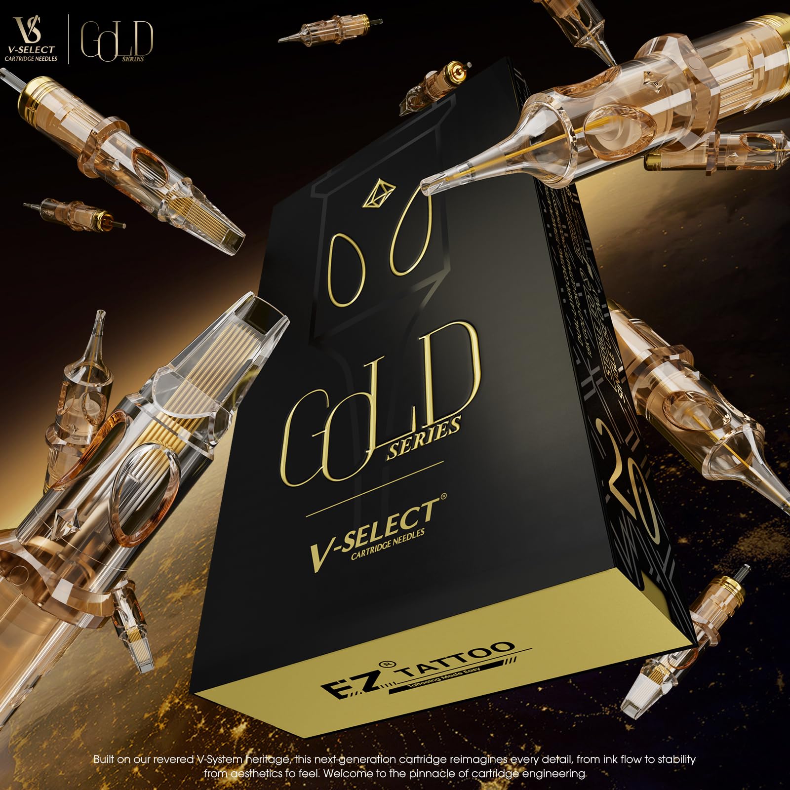 EZ Tattoo - Igły do tuszu – 20 sztuk złotych etui z rdzeniem tytanowym nr 12 (7RS) 0,35 mm standardowe okrągłe cieniowanie do pistoletu do tatuażu – seria V Select Gold