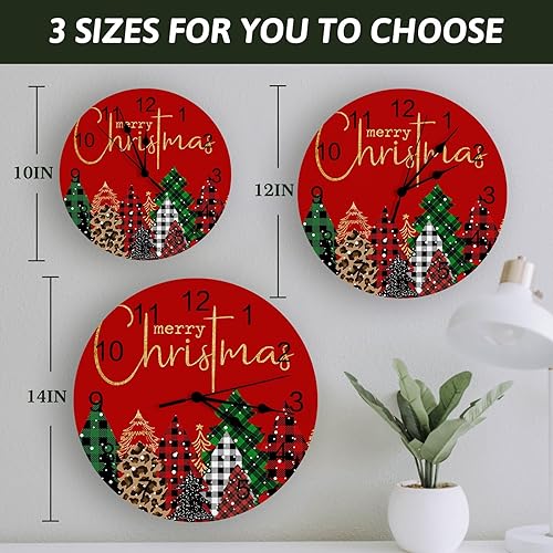 Miniatura 7 de Reloj de pared decorativo, silencioso, sin tictac, árbol de Navidad, estampado de leopardo, a cuadros, rojo, reloj de pared redondo de 10 pulgadas